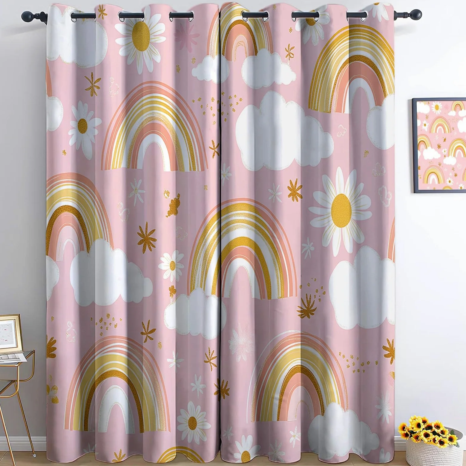 Générique Rideaux Occultants Nuages Arc en Ciel Plantes Fleurs, Rideaux Imprimé Isolant Thermique Anti Froid - Draperies Polyester Oeillet Rose pour Chambre Salon Décoration Lot de 2 110L x 215H cm
