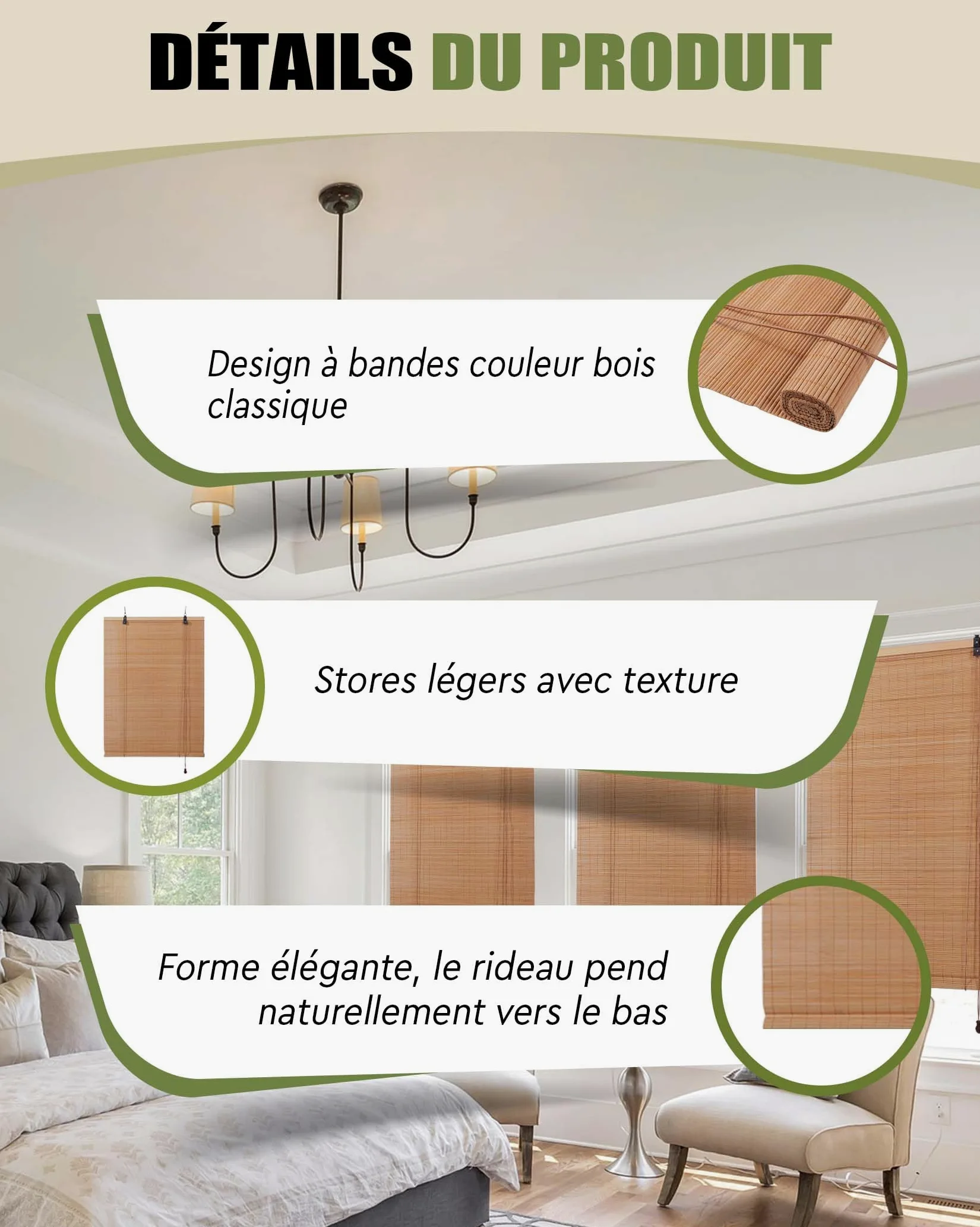 FoundGo Stores en bambou sans perçage - 100 x 120 cm (l x H) - Stores en bois rétro - Stores romains en bambou enroulables - Stores filtrant la lumière pour fenêtres d'intérieur