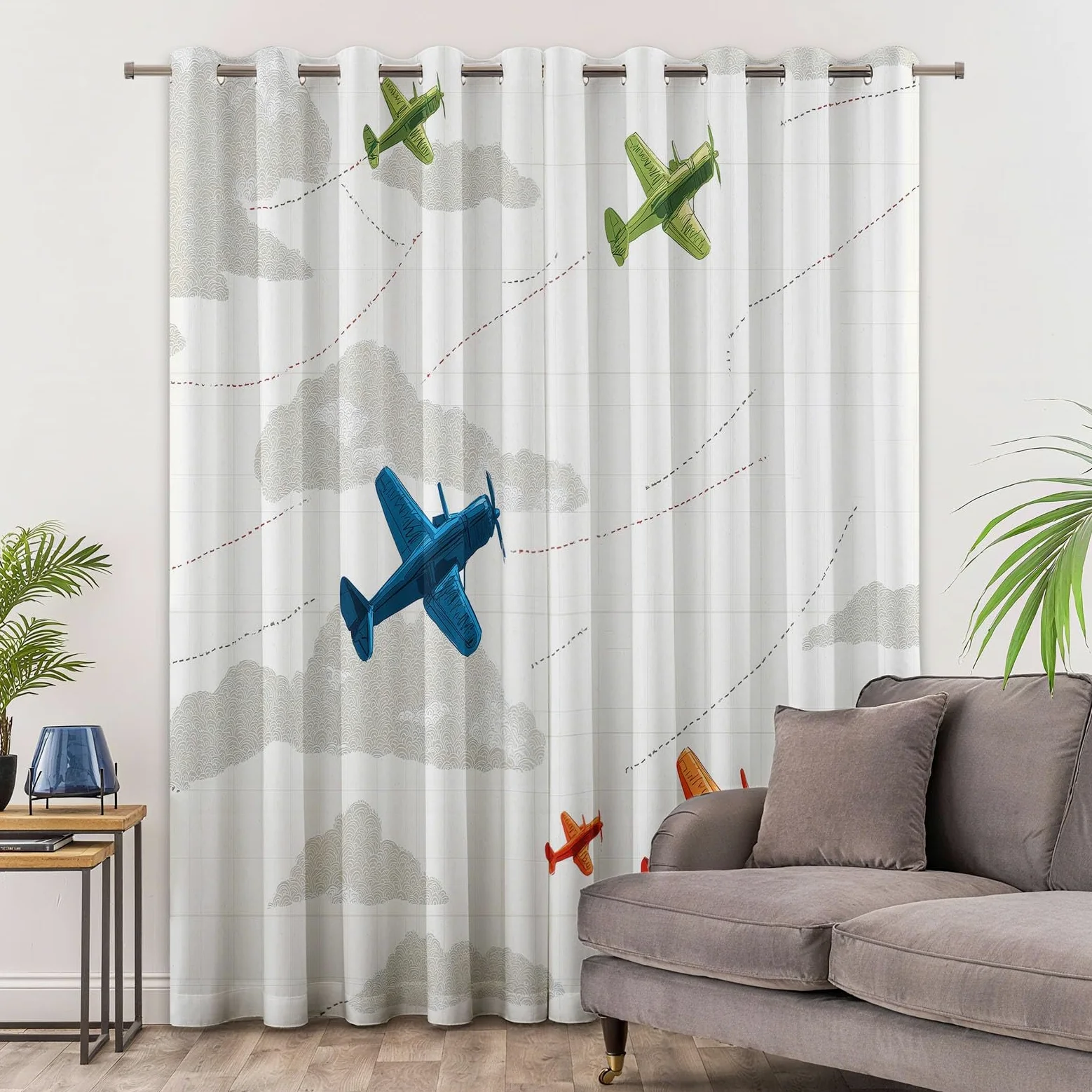 Rideau Occultant Isolants Thermiques À Oeillets Transport Avion Nuages, 110 x 215 cm Lot de 2 Rideaux Thermiques Isolants Anti Froid Imprimé pour Salon Chambre Bebe Enfant, Beige