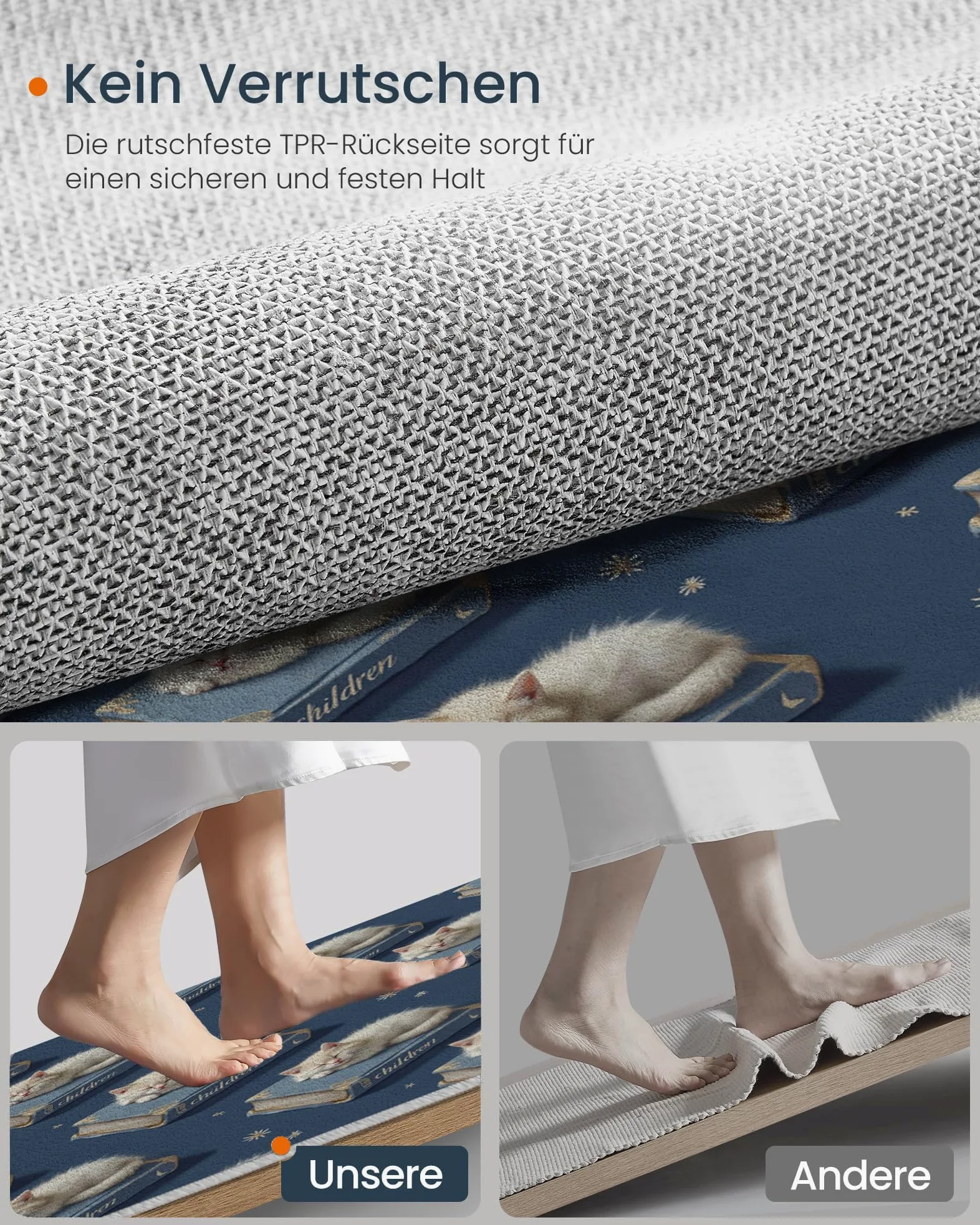 Tapis Rond De Chambre d'enfant 100 Cm - Chat Mignon Livres Bleu Marine - Motif Animaux Ciel Étoilé - Moelleux Et Antidérapant - Tapis De Salon À Poils Courts - Lavable - Moderne Doux