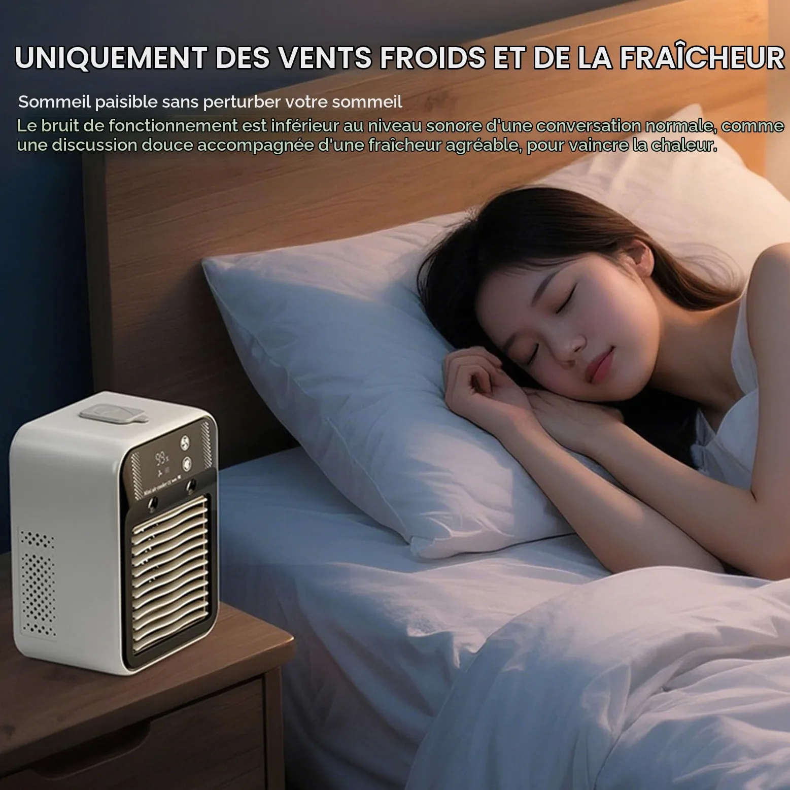 Mini Rafraîchisseur d’Air Bureau USB Rechargeable avec Brume | Batterie 3000mAh, brumisation, affichage digital, poignée, 2 modes d’air, moins de 55dB, format compact.