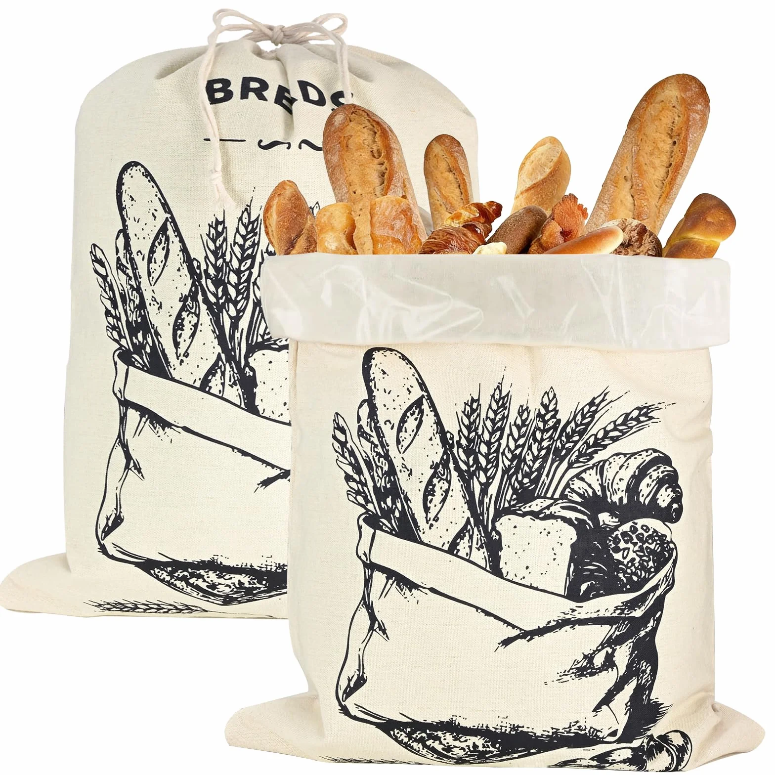 Lot de 2 Grands Sacs à Pain Cire d'Abeille en Lin 45x35 cm avec Doublure TPU Durable