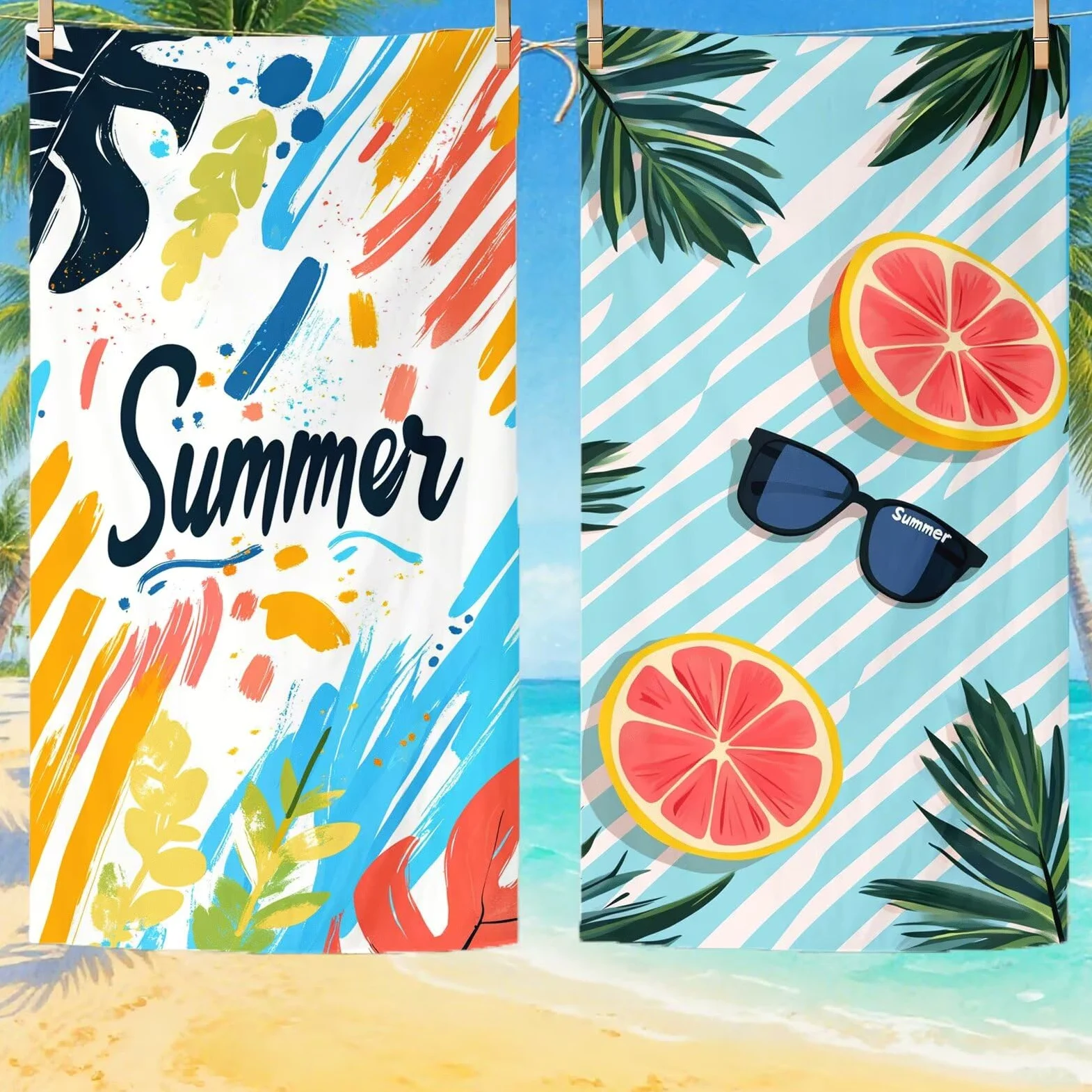 Serviette de Plage XXL 90x200,Couleur Serviette Plage Microfibre avec Séchage Rapide, Anti-Sable, Absorbante Fonction Design pour Vacances Piscine Pique-Nique Voyages Yoga, Cadeau Femme 2 Pack Q-709