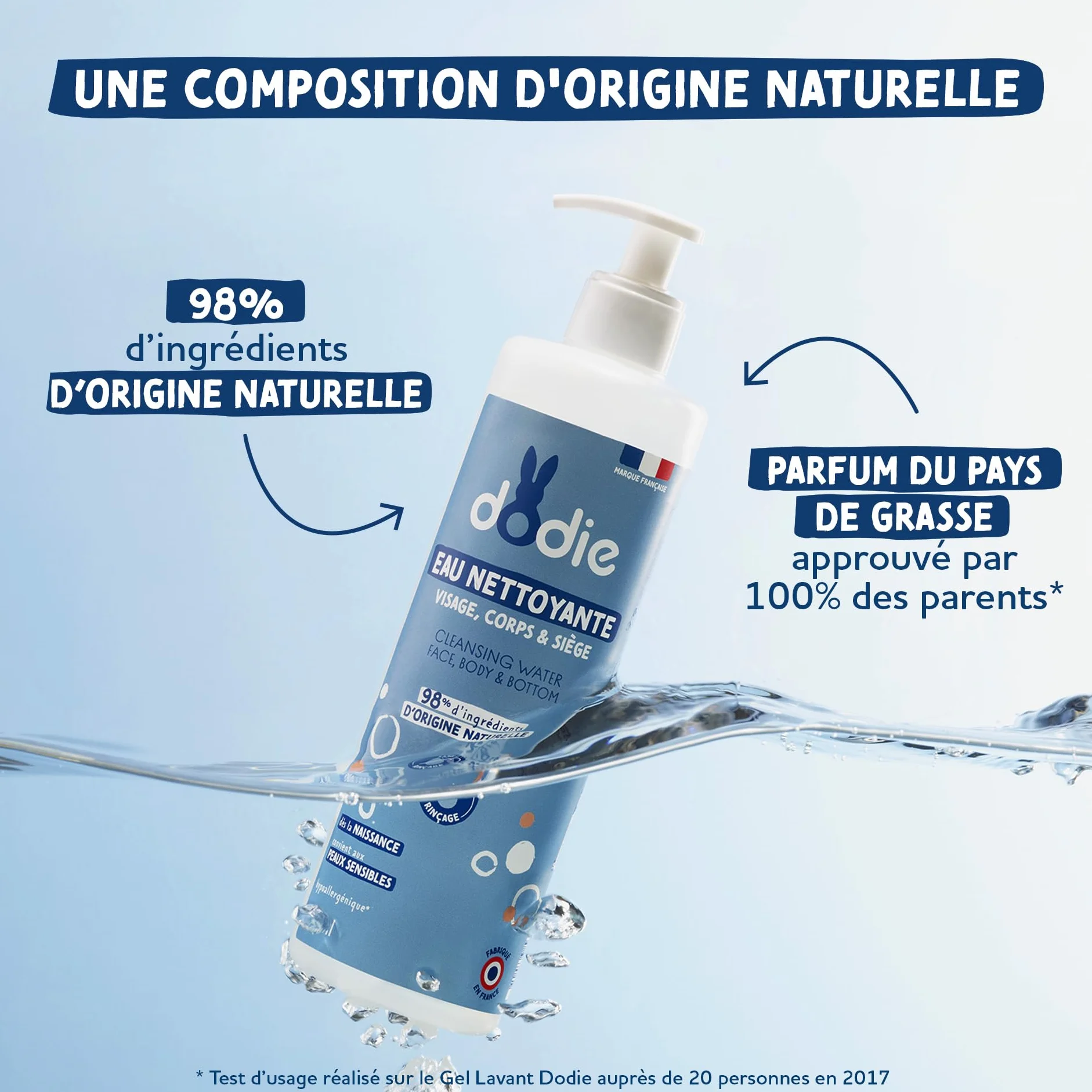 DODIE Eau nettoyante 3 en 1 500 mL Nettoyant Visage Corps Siège Hypoallergénique