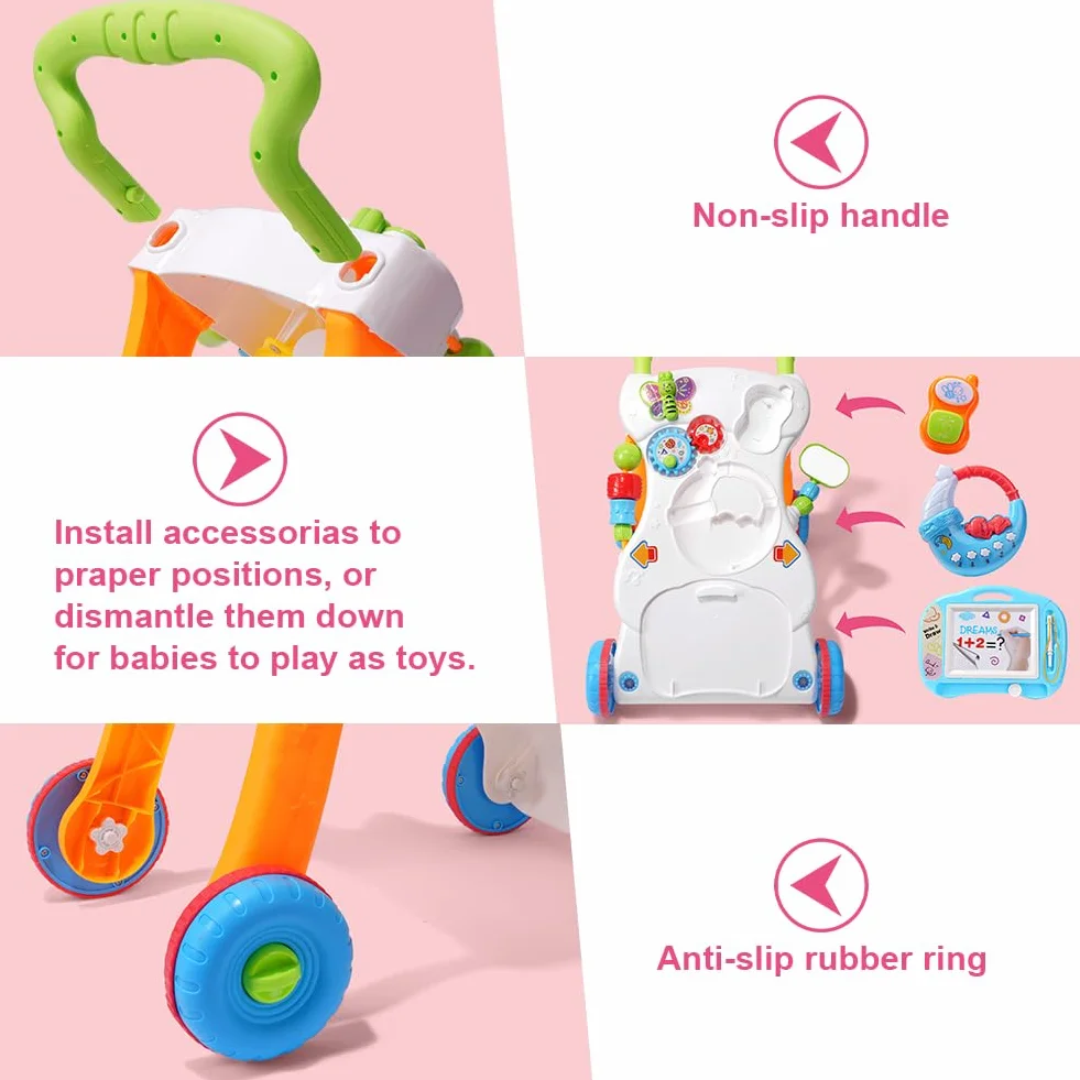 Trotteur en bois avec roulettes, Poussette de Bébé, Centre d'activités d'apprentissage précoce, Jouet éducatif Multifonctionnel