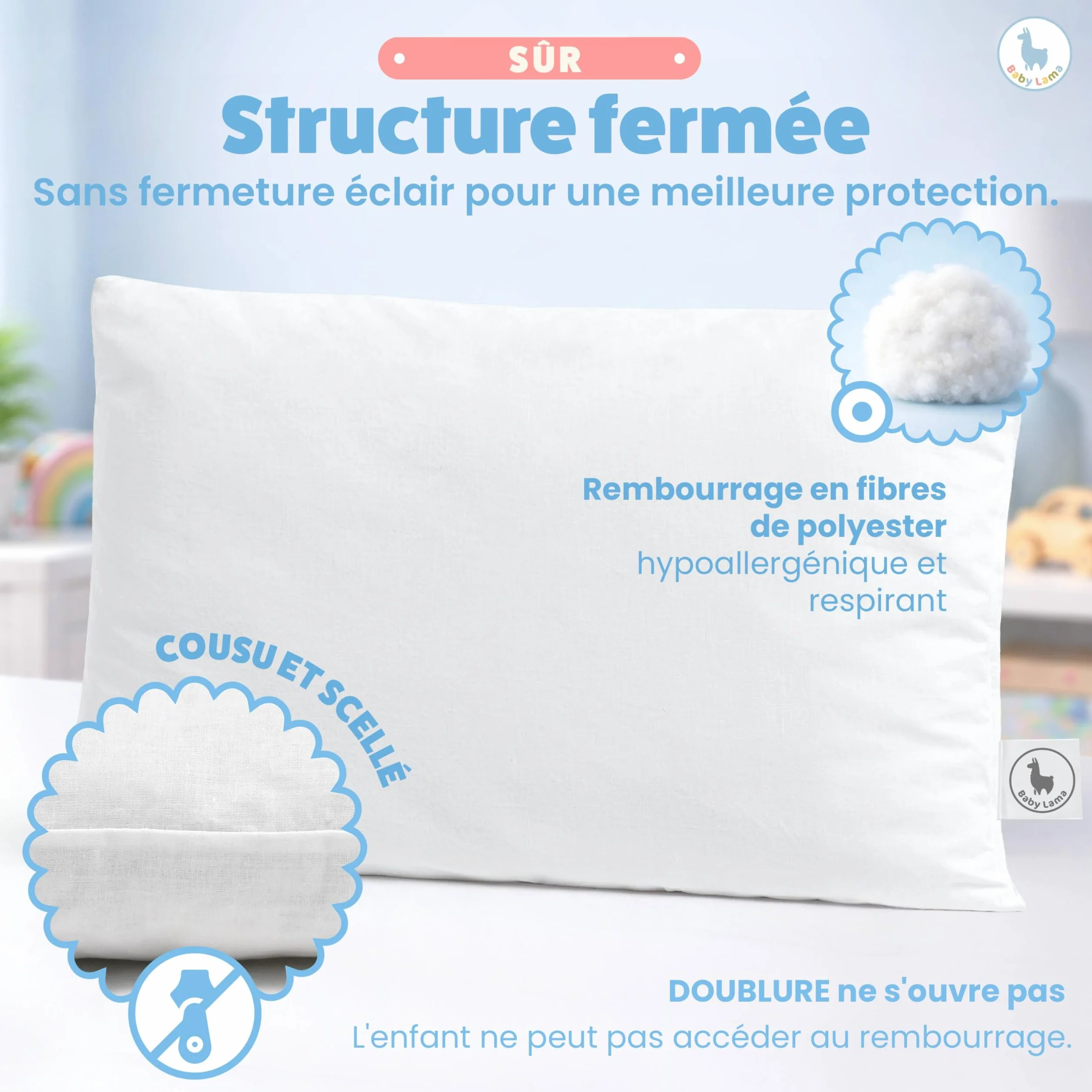 Oreiller Enfant 40x60 cm 100% Coton Oeko-Tex Hypoallergénique Anti-Étouffement Lavable Fabriqué en Italie