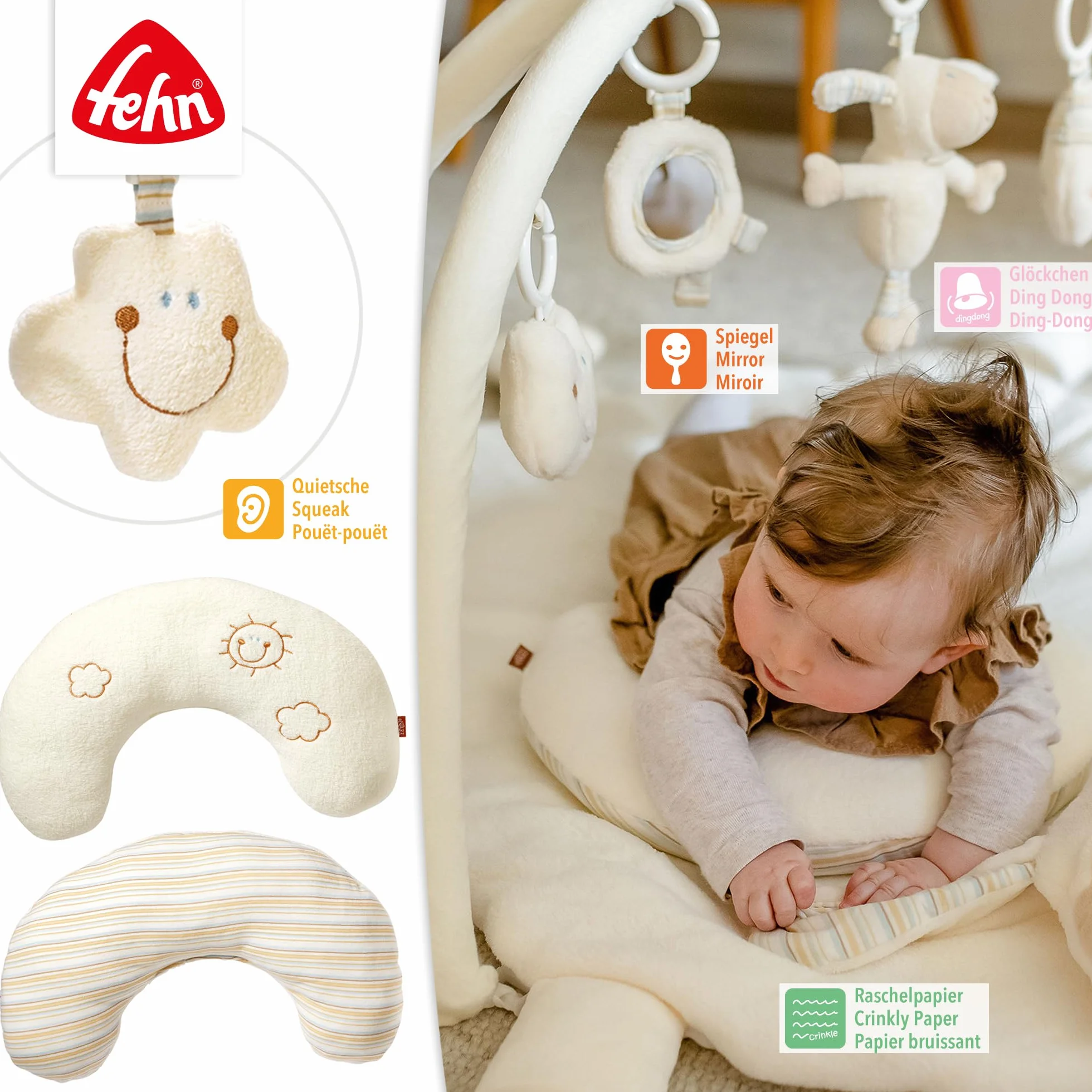 Fehn Couverture d'activités 3D Arche de jeu mouton avec 5 jouets amovibles pour bébés dès 0+ mois