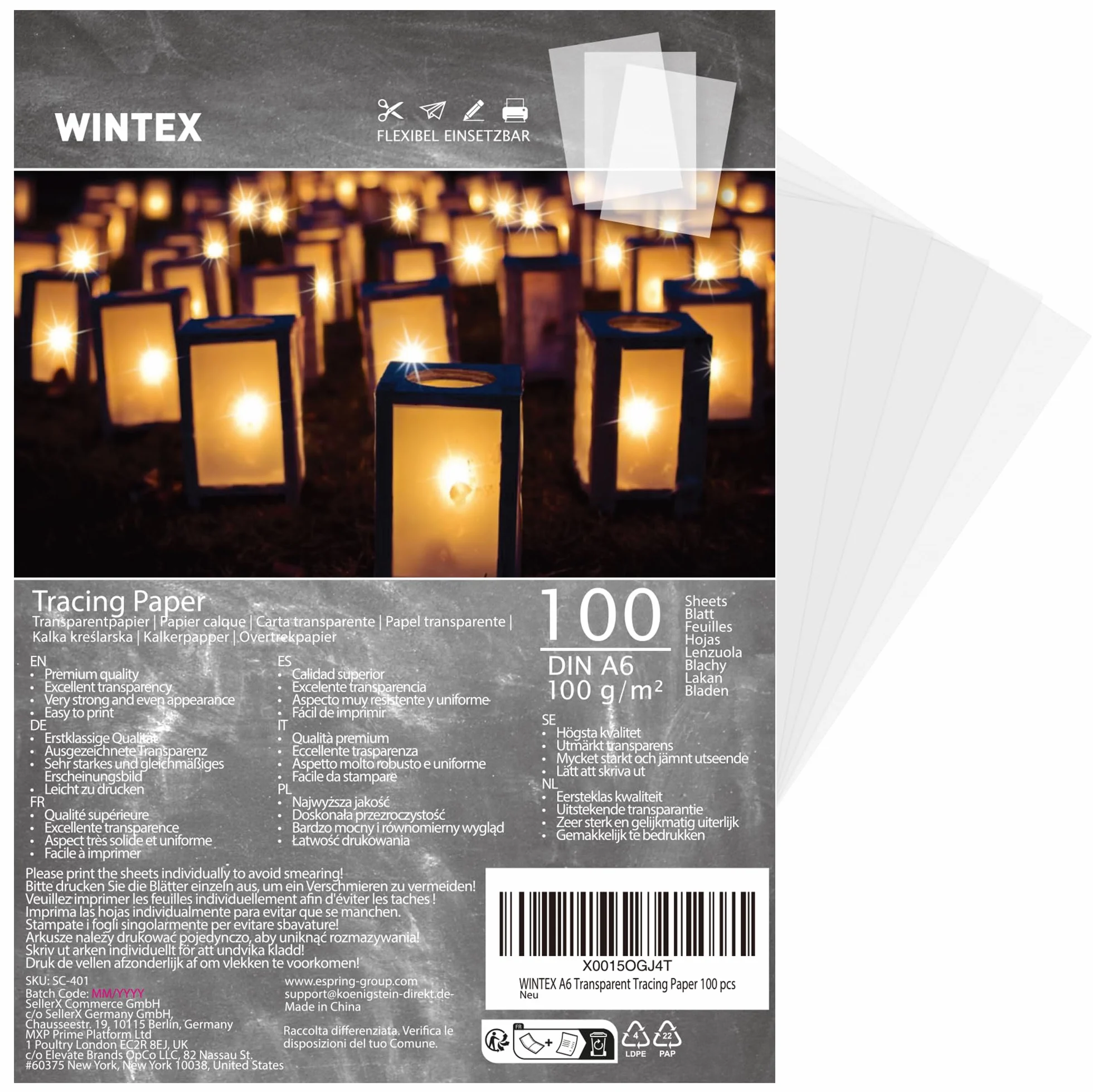 WINTEX Papier Calque Transparent A6 Lot de 100 Feuilles pour Impression Jet d'Encre Design Architecture