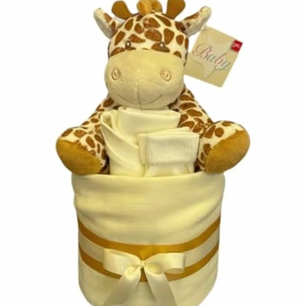 Gâteau de couches neutres unisexe – Mousseline carrée enveloppante 9 couches, bavoir, chaussettes et girafe en peluche douce