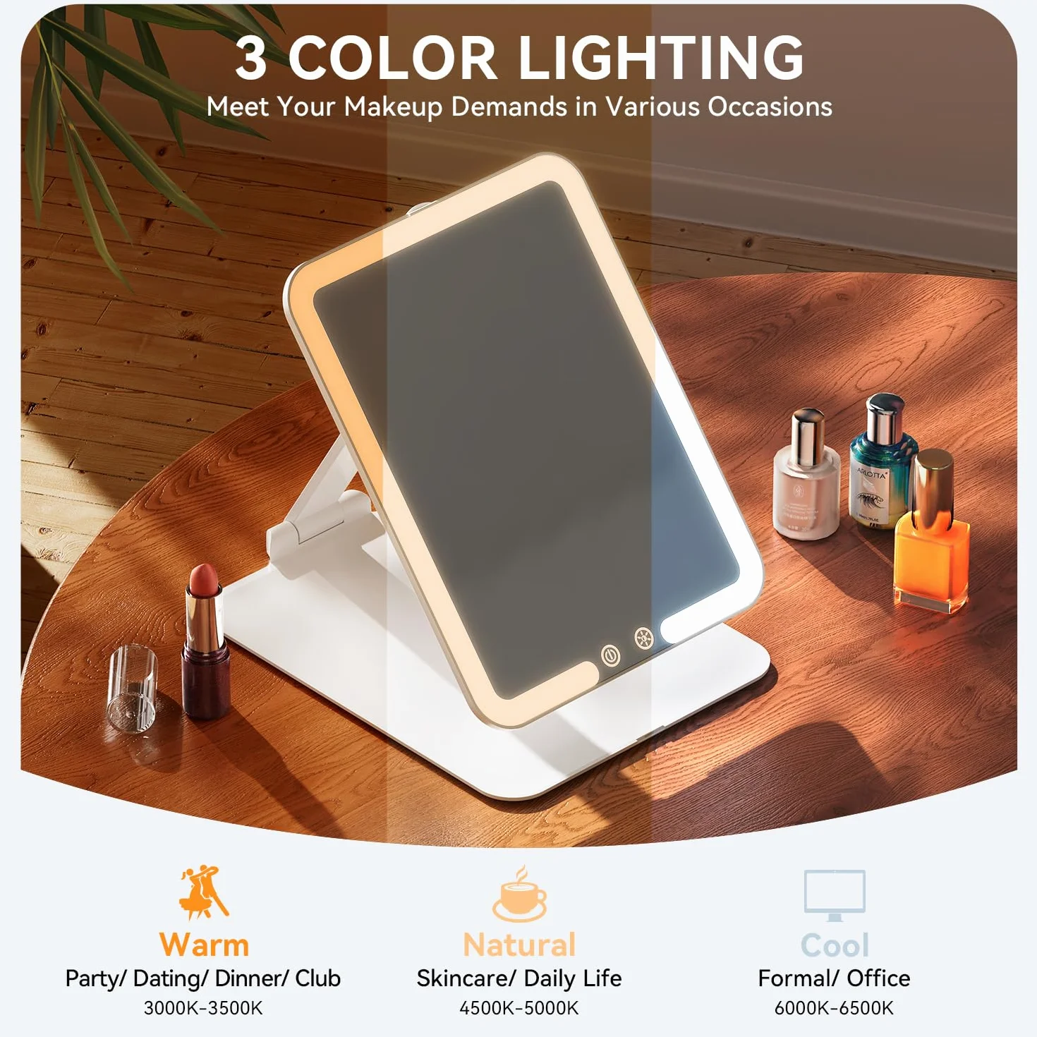 Auxmir Miroir Maquillage Lumineux Rechargeable 72 LED Pliable, Commande Tactile, 3 Couleurs Intensité Réglable Blanc