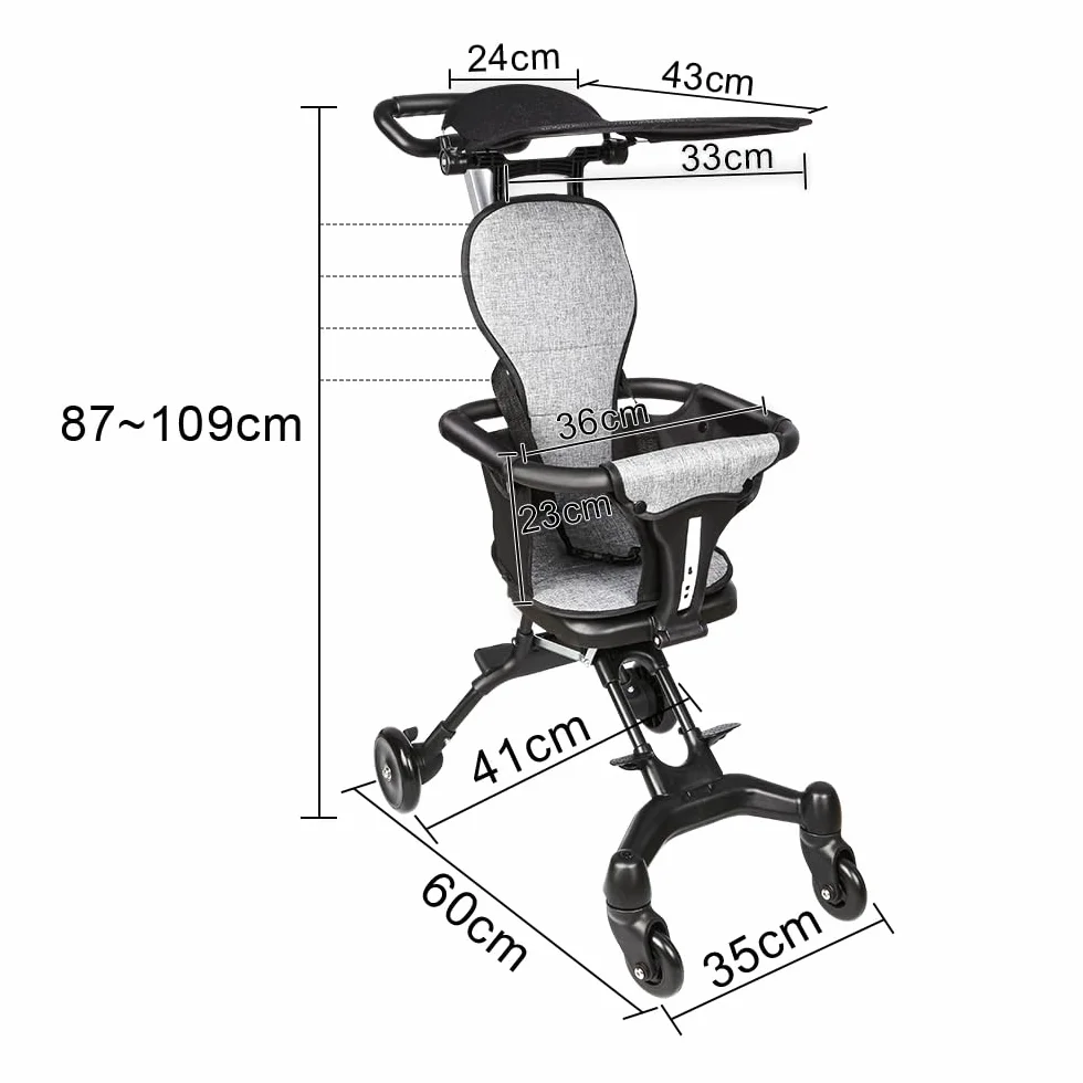 Poussette Compacte 25 kg Inclinable Pliable Porte-Gobelet Capote Pare-Soleil UPF 50+ Panier Course XL Gris Noir