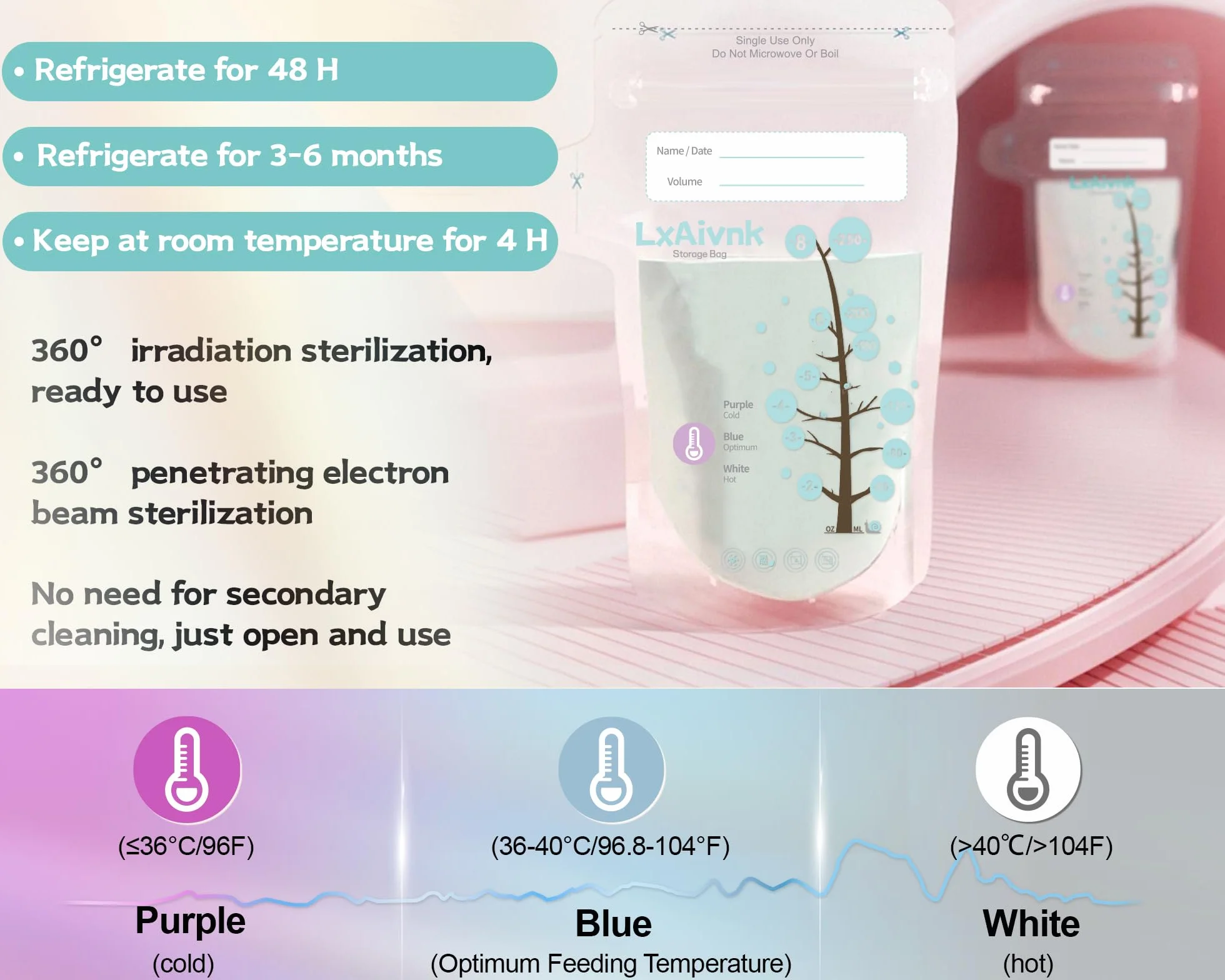 Sac de stockage de lait maternel détectant la température 60pcs 8oz 250ml sans fuite design fin résistant