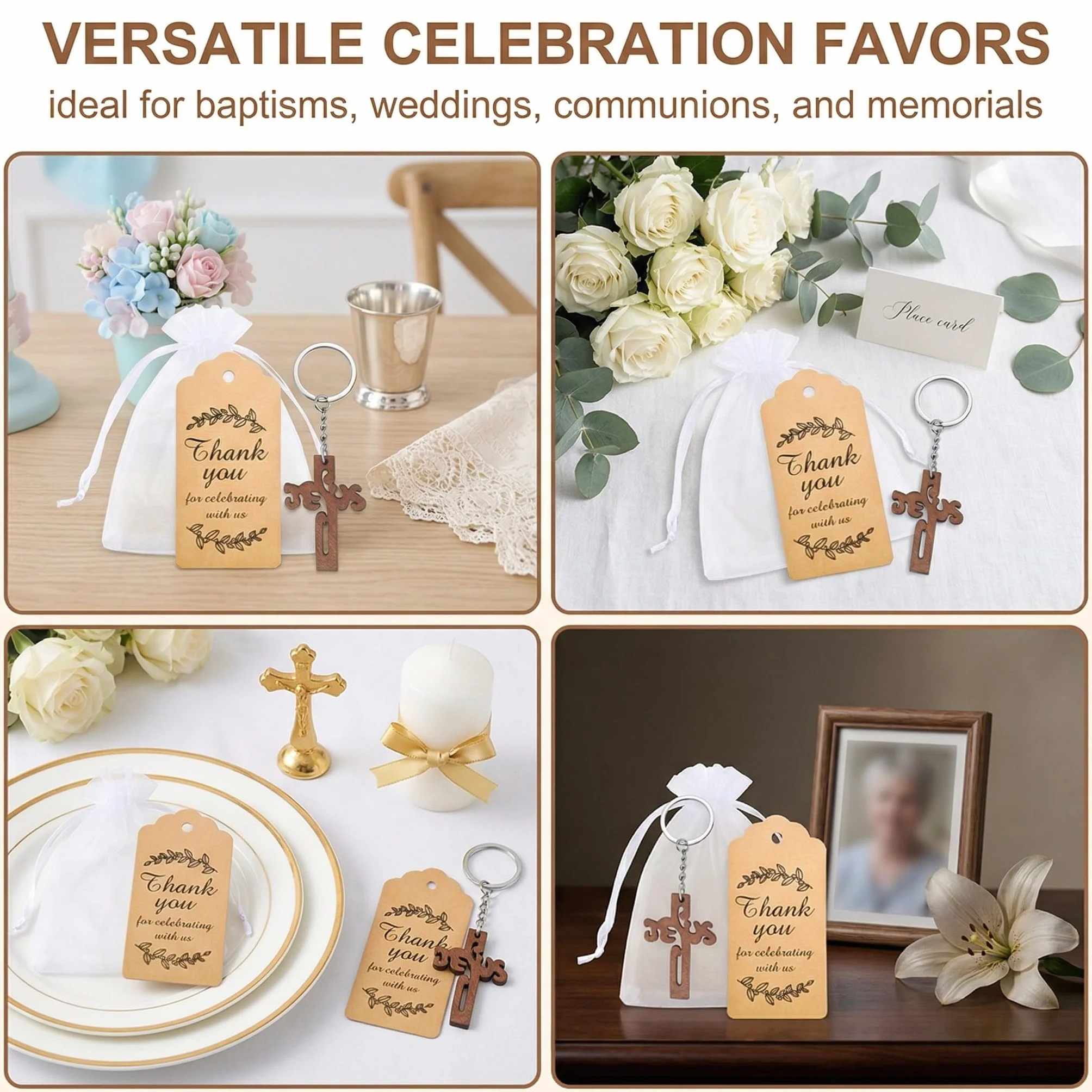 YUZNA 12 sacs + 12 cartes + 12 porte-clés croix Etiquette Baptême Motif Cadeau Invité Décoration pour Baptême avec Ruban