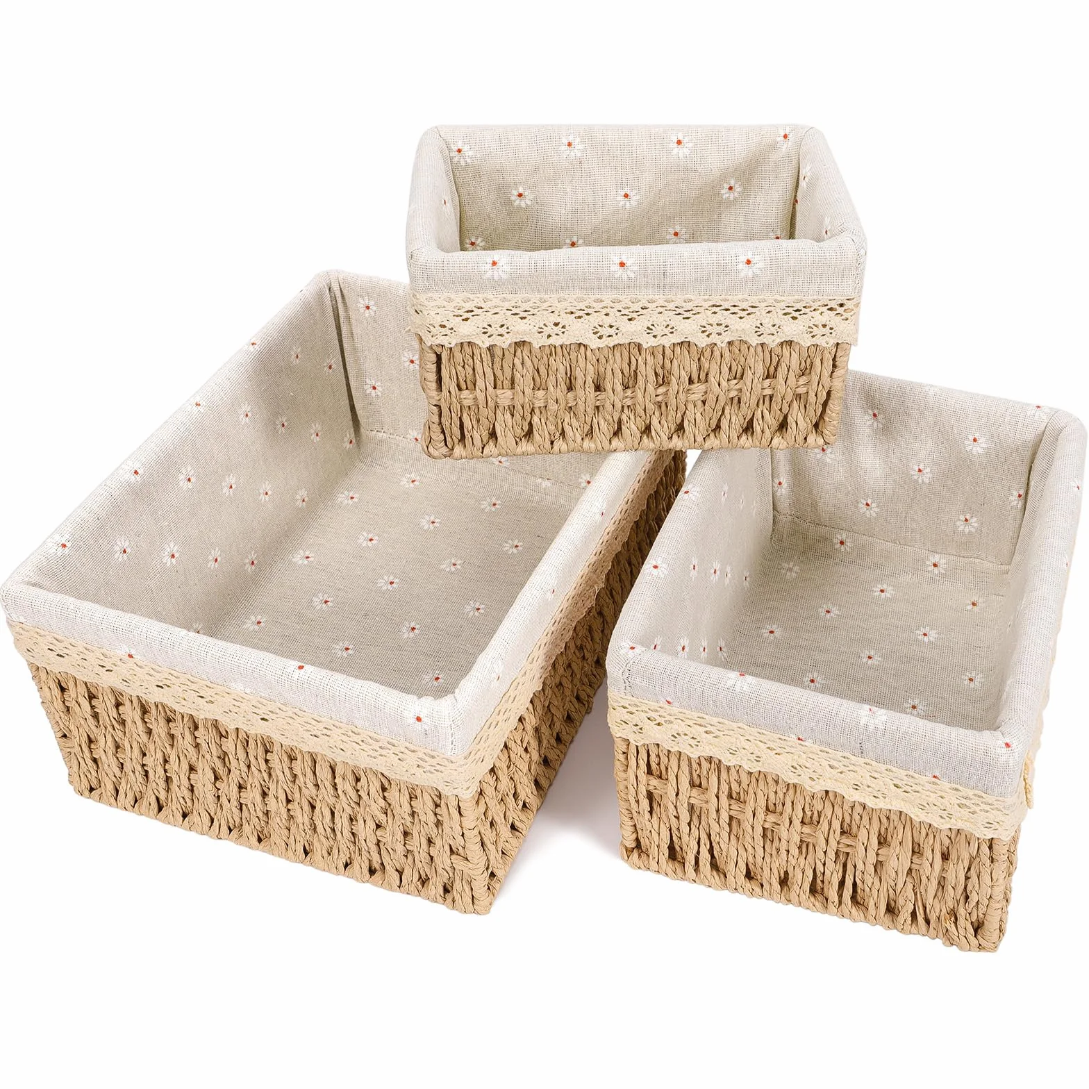 Paniers de Rangement Tressés Osier Empilable avec Doublure Amovible Beige L+M+S