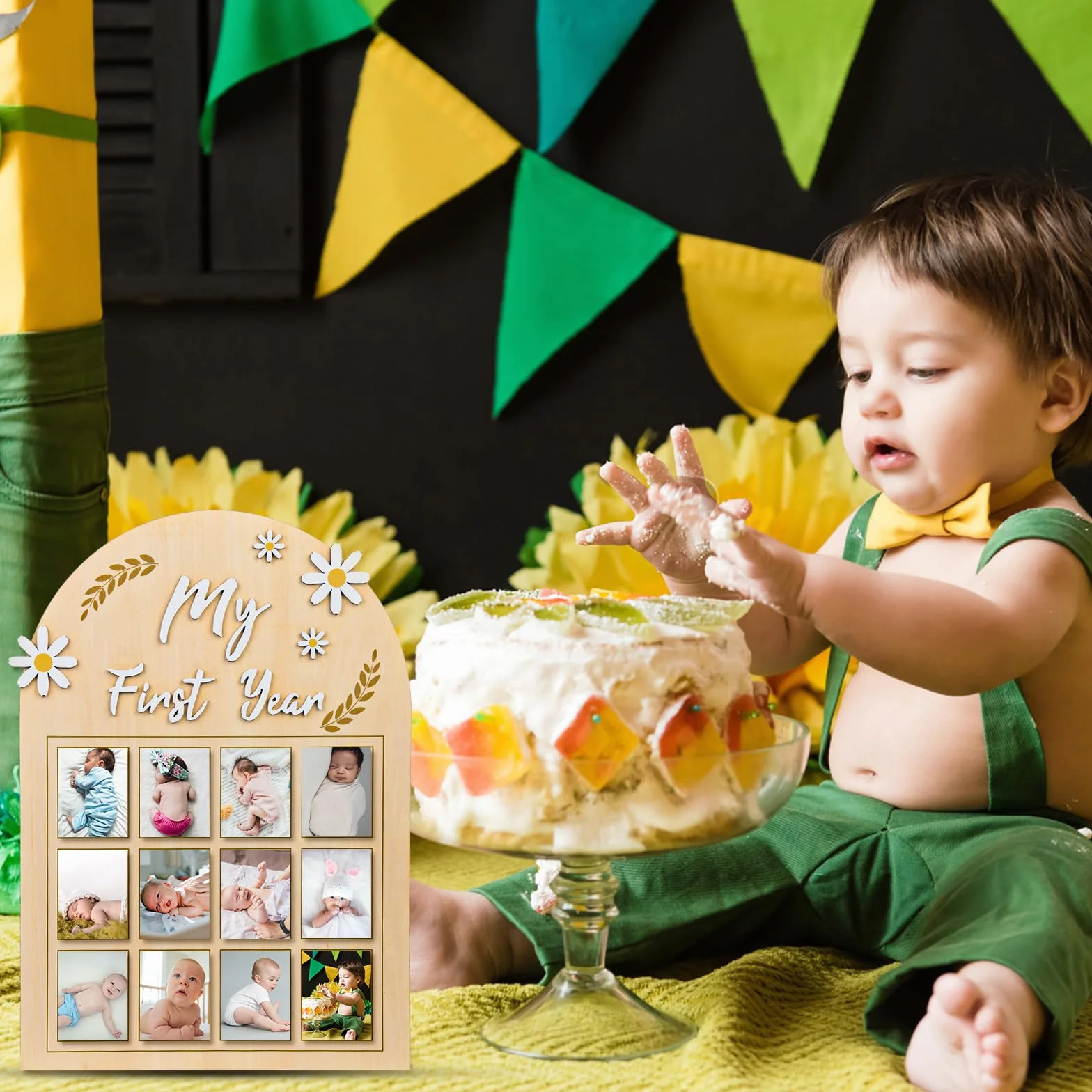Cadre Photo Première Année Bébé Fleur Marguerite 3D Bannière Photo Mensuelle Planche Bois 12 Mois Cadeau Nouveau-Né Souvenirs 1er Anniversaire