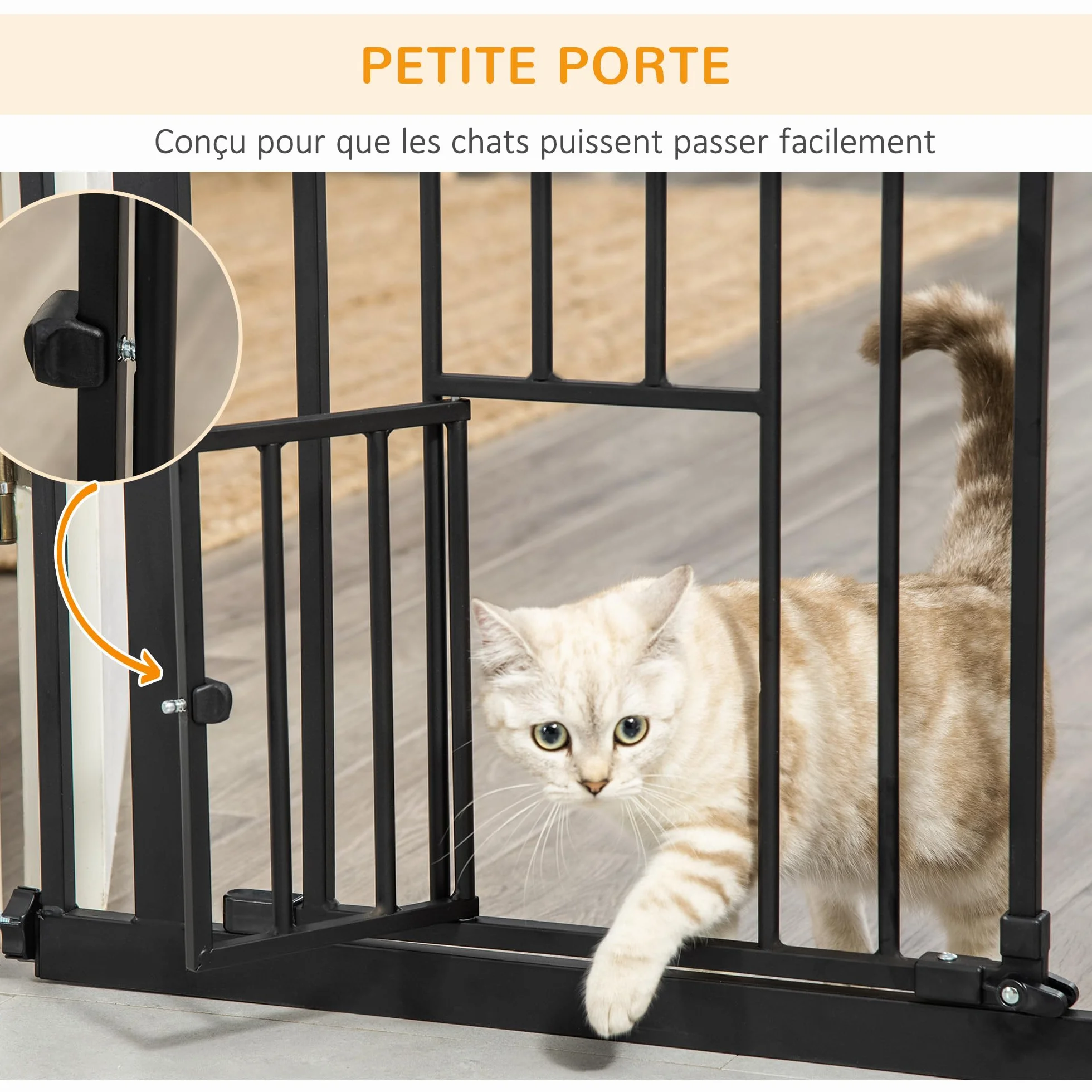 PawHut Barrière de sécurité Animaux 104 cm Haute avec Porte Chat Fermeture Automatique Double Verrouillage Acier Noir