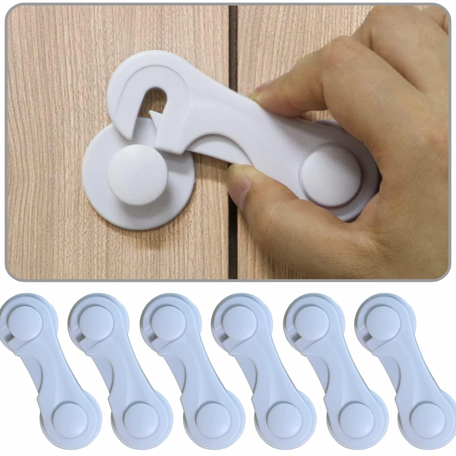Lot de 6 verrous d'armoire de sécurité pour enfants, sans perçage, blanc, adhésif puissant
