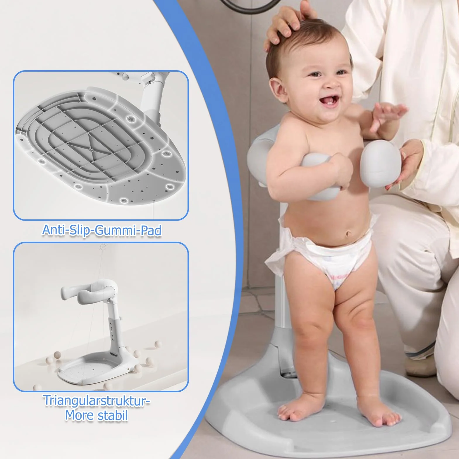 Support de Douche Bébé Debout Anti Pincement Réglable Base Antidérapante Poignée de Sécurité 6-36 Mois