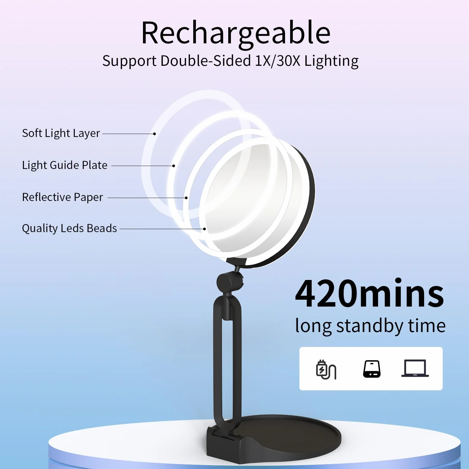 Miroir grossissant avec éclairage 40X/1X, voyage maquillage, double face 15 cm, rechargeable, pliable, pivotant 360°