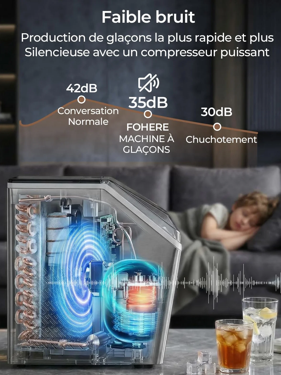 FOHERE Machine à Glaçons Acier Inoxydable 24kg/24h 24 Glaçons 10-15 Min Réservoir 3,2L Auto-Nettoyage Dégivrage Double Alimentation Eau 40 dB