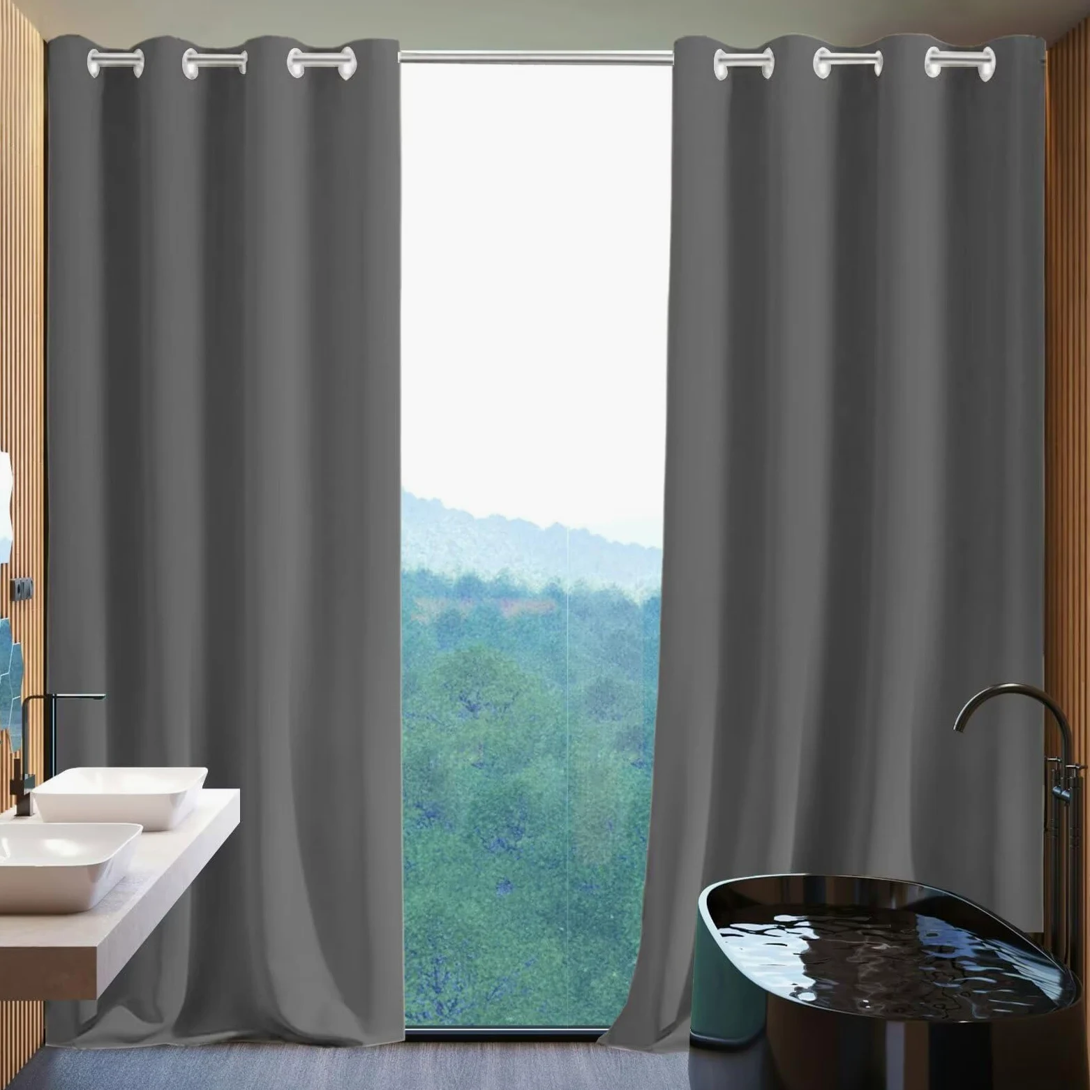 Rideau Occultant 150x300cm Thermique Grande Largeur à Oeillets Anti UV Rideau Isolant Thermique pour Chambre Enfant Cuisine Porte Gris Foncé