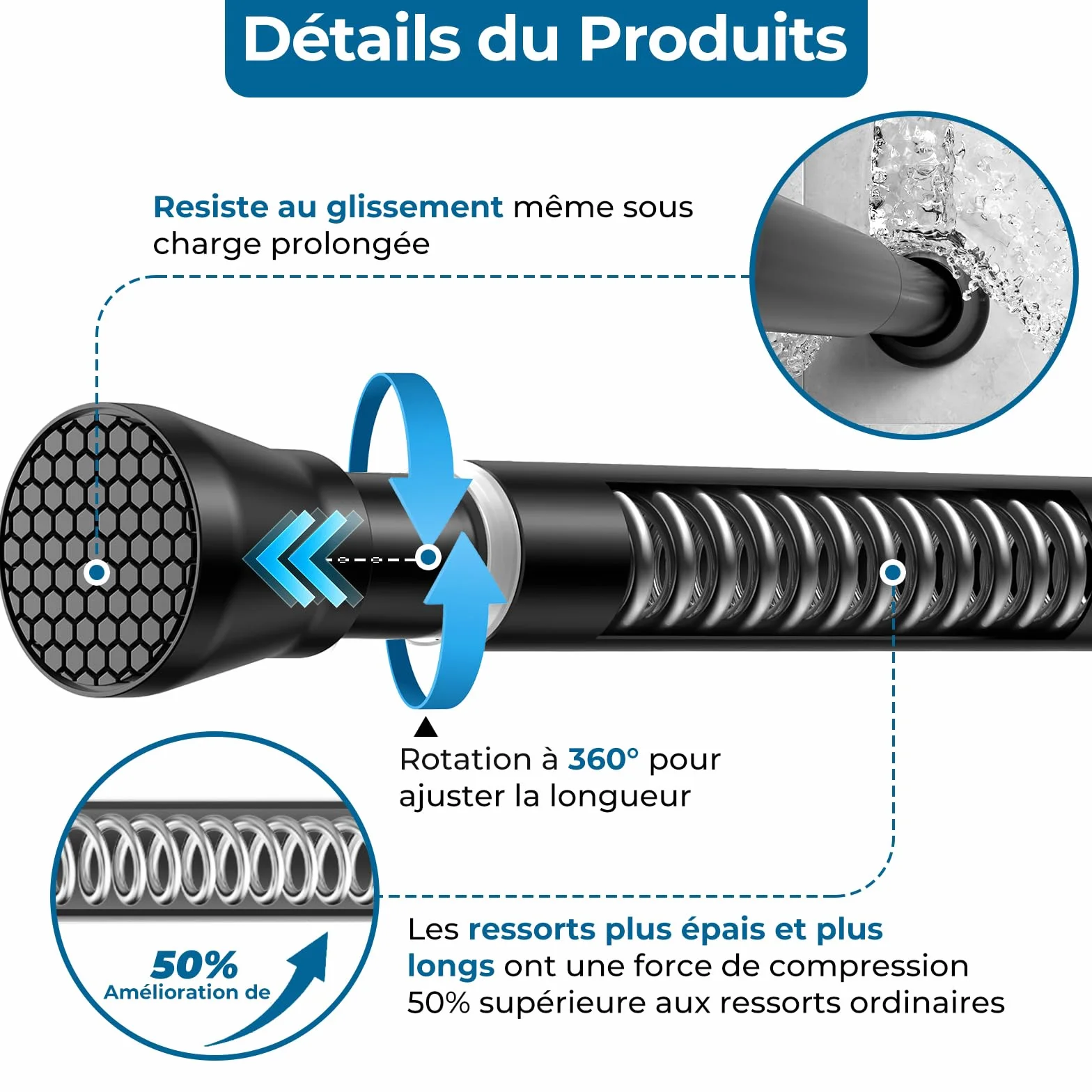 AIZESI Tringle Rideau Extensible 74.5-163 cm Barre Telescopique Acier Inoxydable Noir 22 mm
