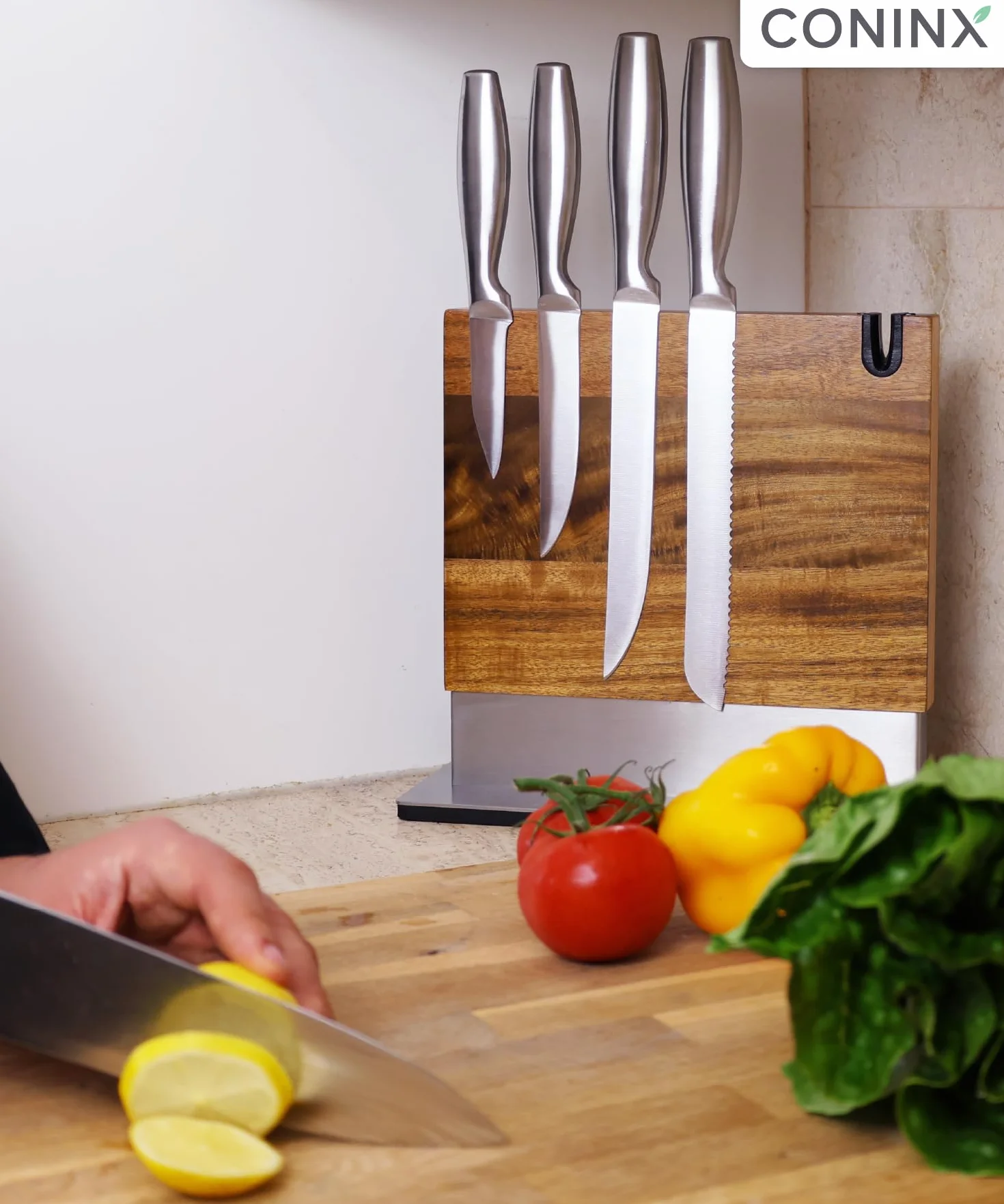 Coninx Bloc à Couteaux Magnétique avec Aiguiseur intégré – Porte-couteaux Aimanté Double Face en Bois d’Acacia