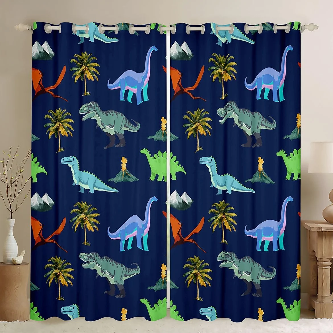 Homewish Rideau Occultant 117x183 cm Dinosaur,Rideau Enfants Adolescents Adults Mignon Coloré Dinosaur,Rideaux Voilage Tropical Palm Trees,Voilage Fenetre Jungle Animal pour Chambre Salon