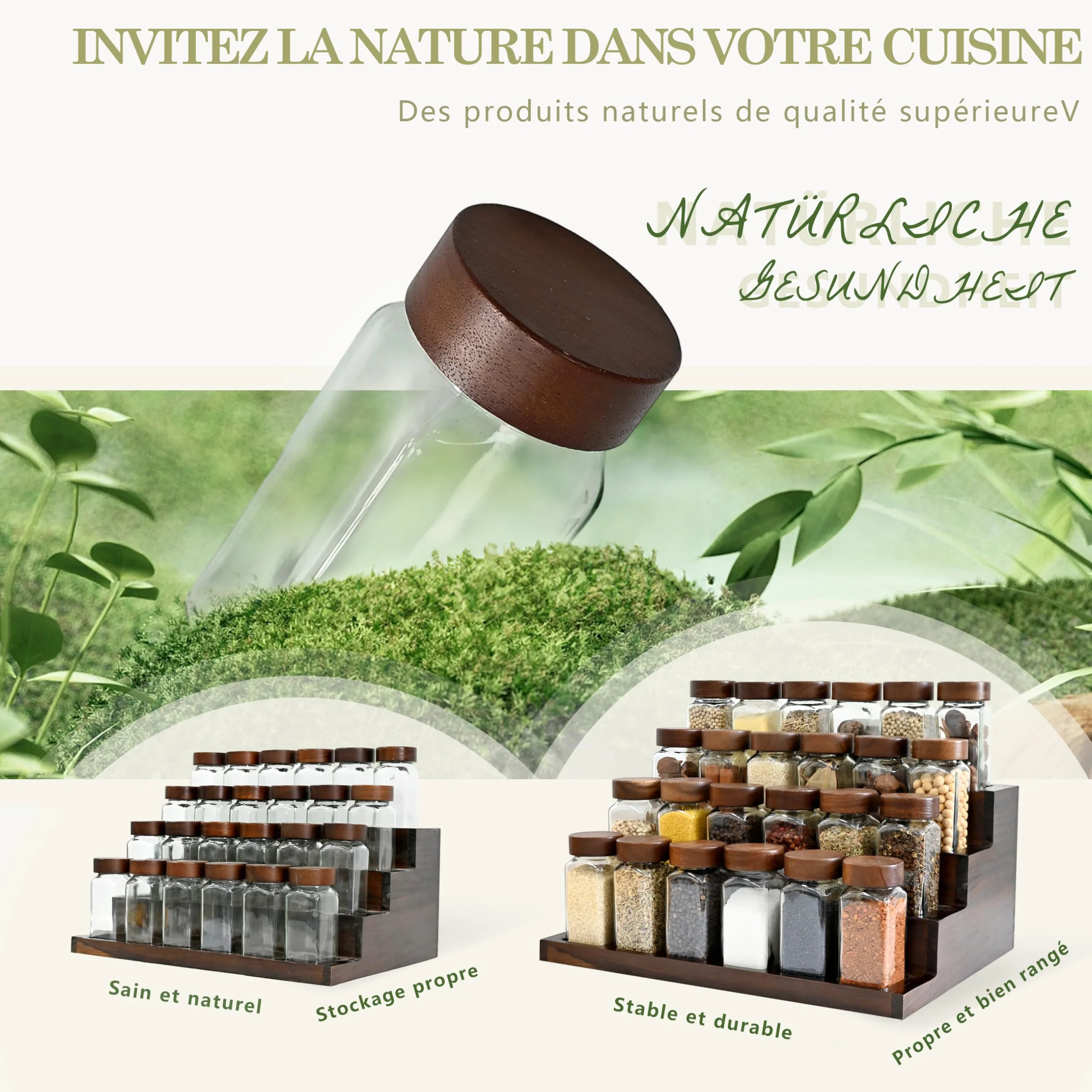 Pot à Épices Verre Couvercles Acacia 24 Pièces, Bocaux Borosilicaté Sans BPA, Porte-Épices Hermétique, Rangement Cuisine