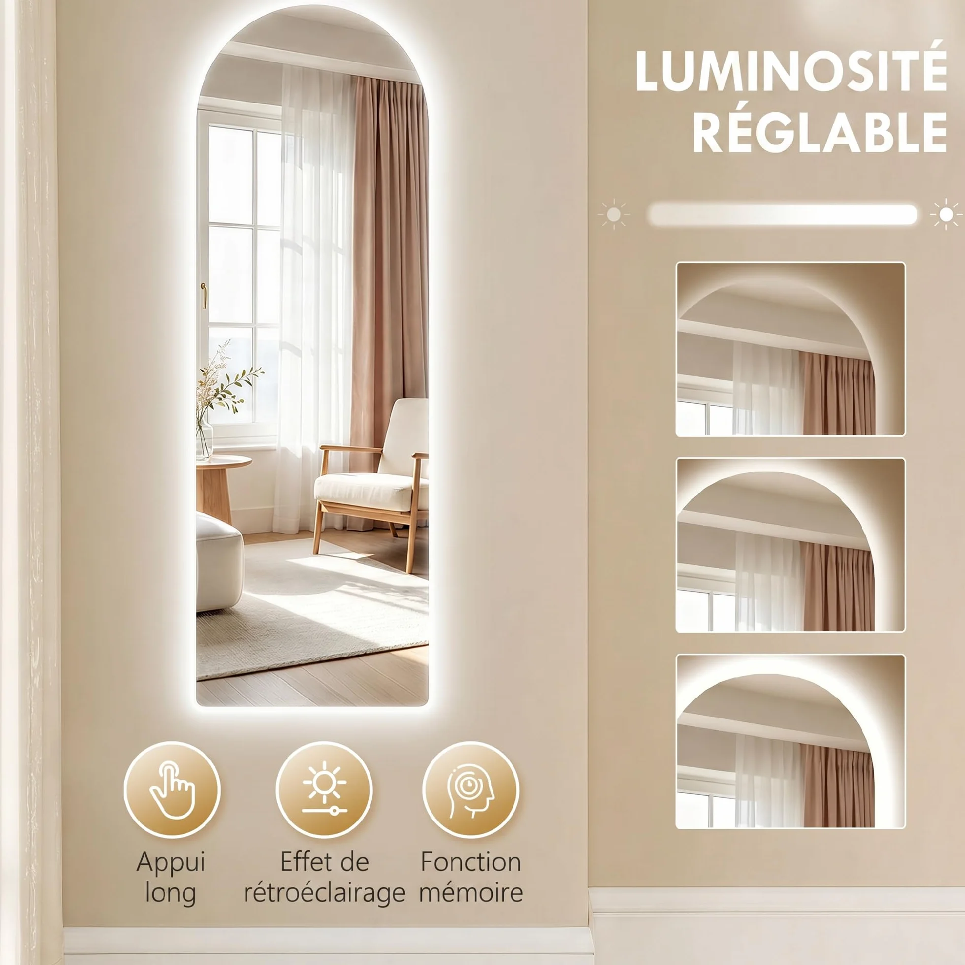 HOMCOM Grand Miroir Mural LED 120 x 40 cm Pleine Longueur arqué Anti-déflagrante intensité Variable 3 Couleurs