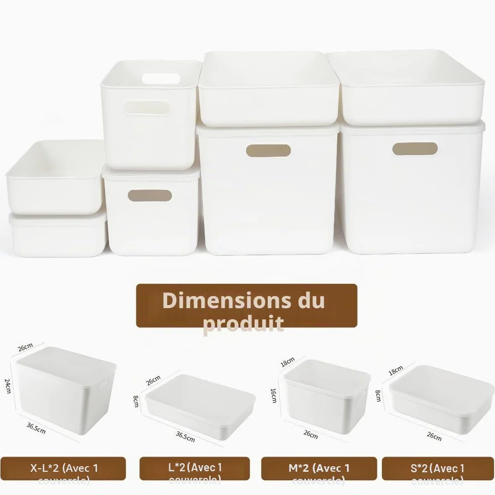 Lot de 8 boîtes de rangement avec 4 couvercles, panier rangement plastique | rangement avec poignées, boîtes de rangement multifonctionnelles pour cuisine, bureau, placard, salle de bain, jouets