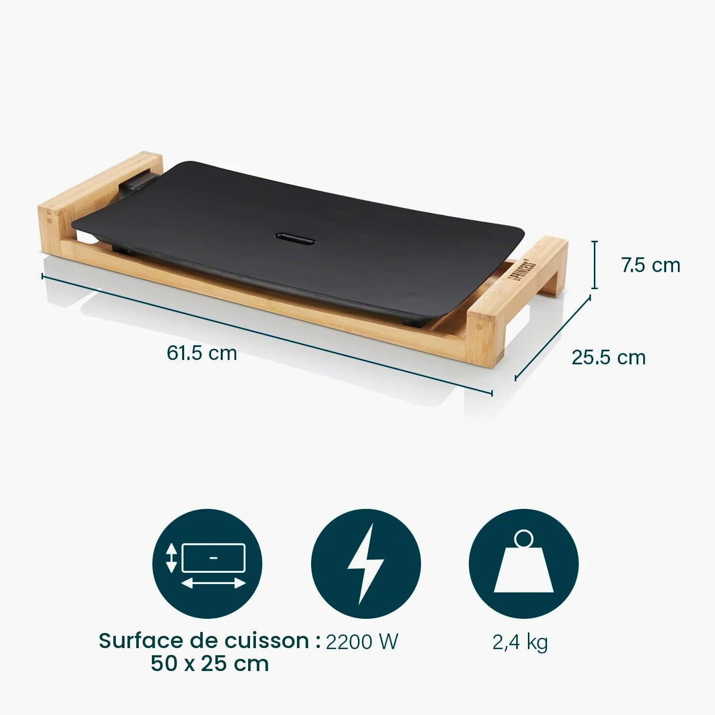 Princess Plancha Pure - Surface de cuisson 50 x 25 cm - Pour 6 personnes - Thermostat réglable et finitions en bambou 103026