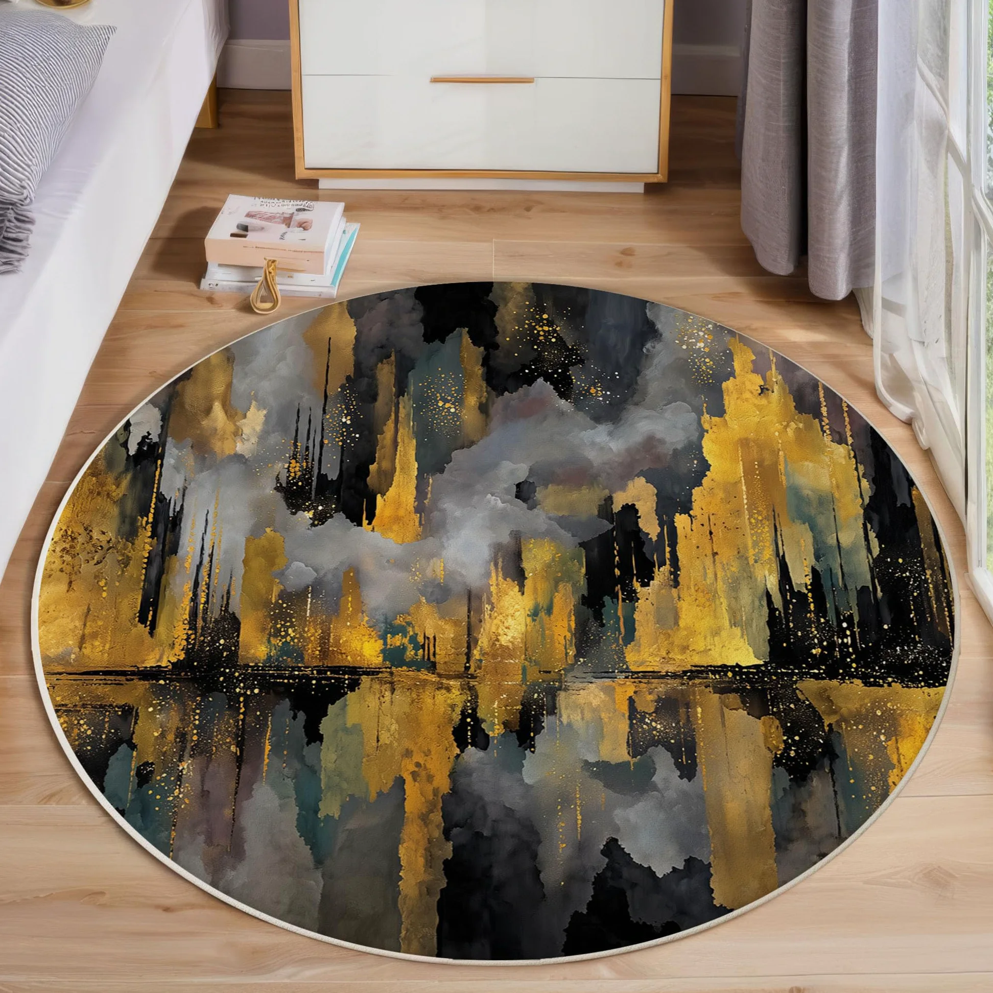 Tapis Rond De Ville en Feuille d'or Tapis Peinture À l'huile Abstraite Fin, Moquette Or Noir Doux Antidérapant Lavable pour Chambre À Coucher Entrée Salle À Manger Dortoir Familial, 100 Cm