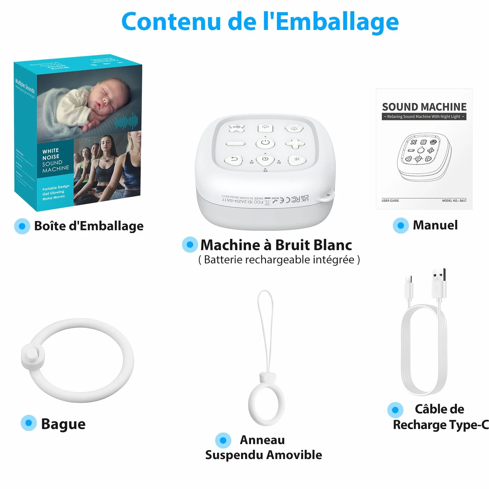 eSynic Mini Veilleuse Bruit Blanc Machine à Sommeil Portable pour Bébé, 30 Sons et 7 Couleurs