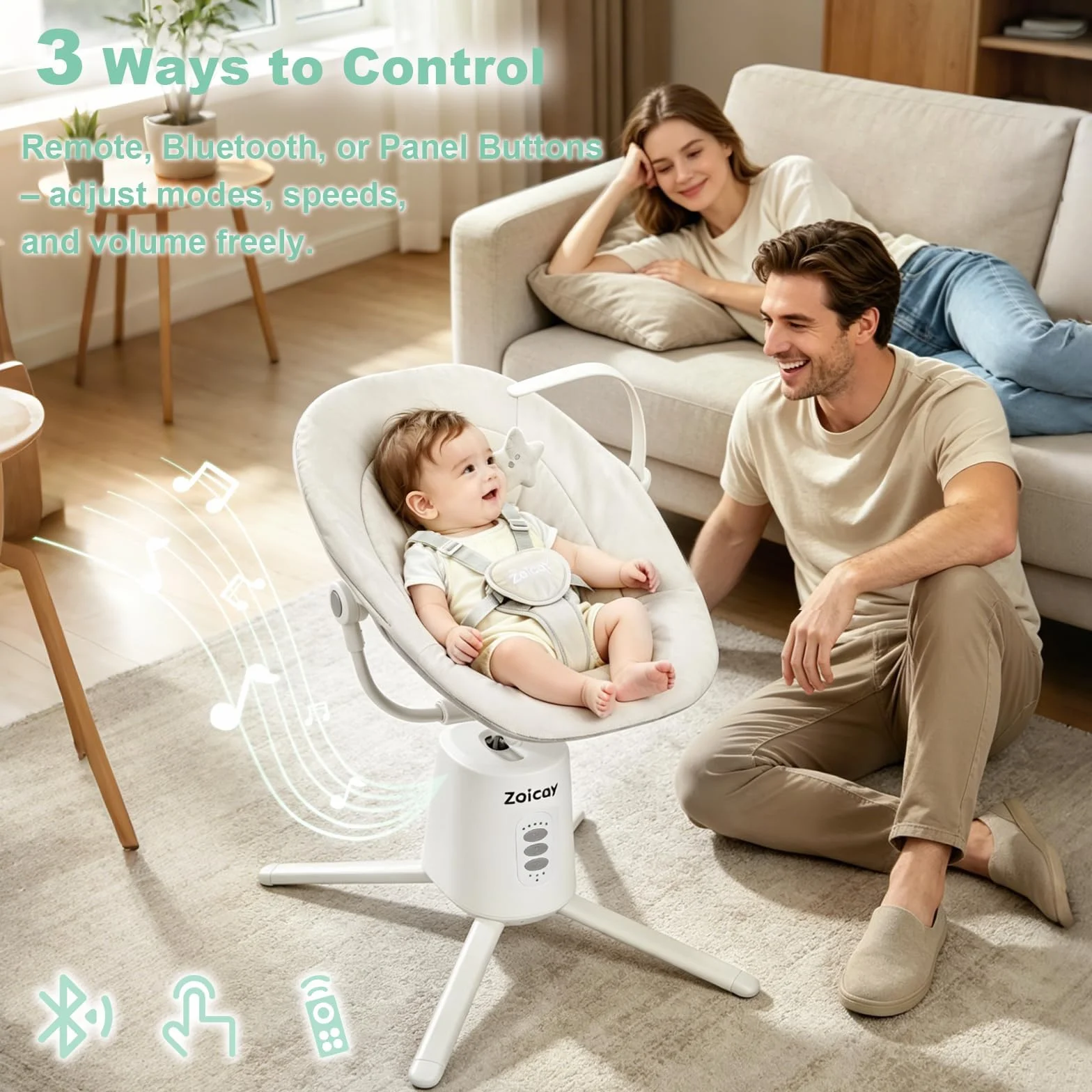 Transat Bébé Électrique Zoicay Balancelle 3 Modes Inclinaison Réglable Bluetooth Télécommande Blanc