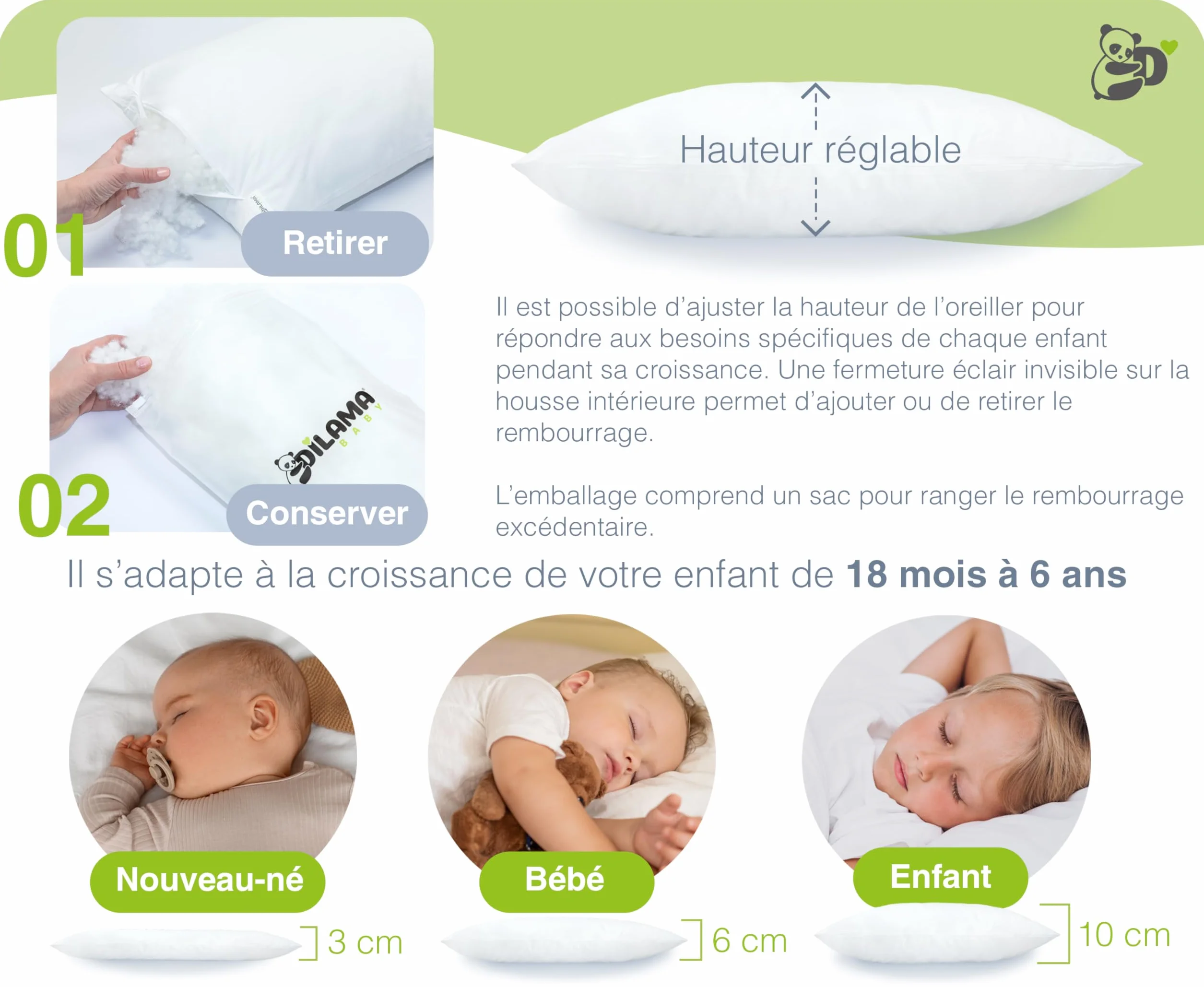 Coussin Enfant Évolutif Hauteur Réglable 40x60 Moelleux Hypoallergénique Anti Acarien Oeko-TEX Made in Italy