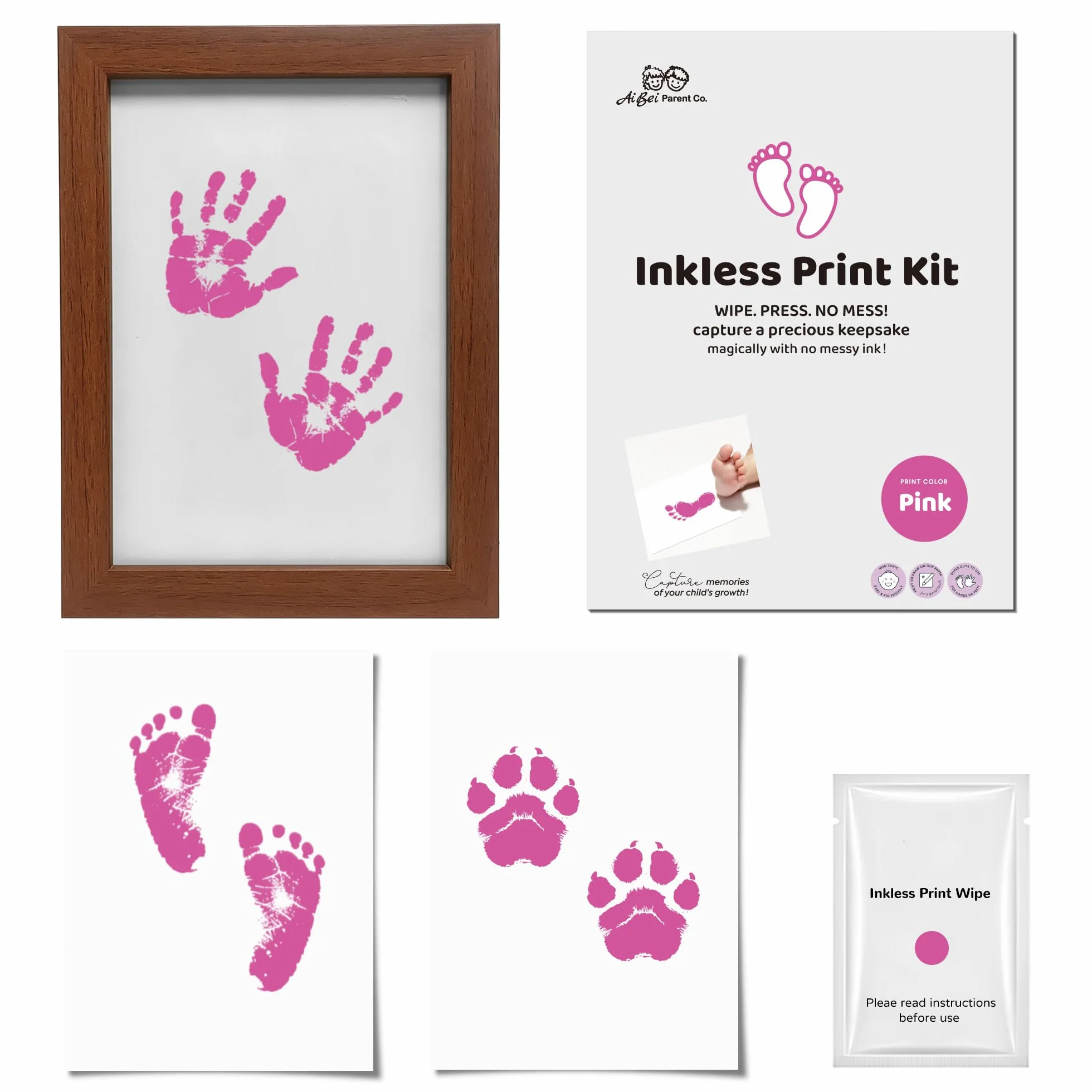 Kit Empreinte Bébé Pieds et Mains Clean Touch Encreur Sans Kits Nouveau-Nés avec 1 Cadre Photo Rose