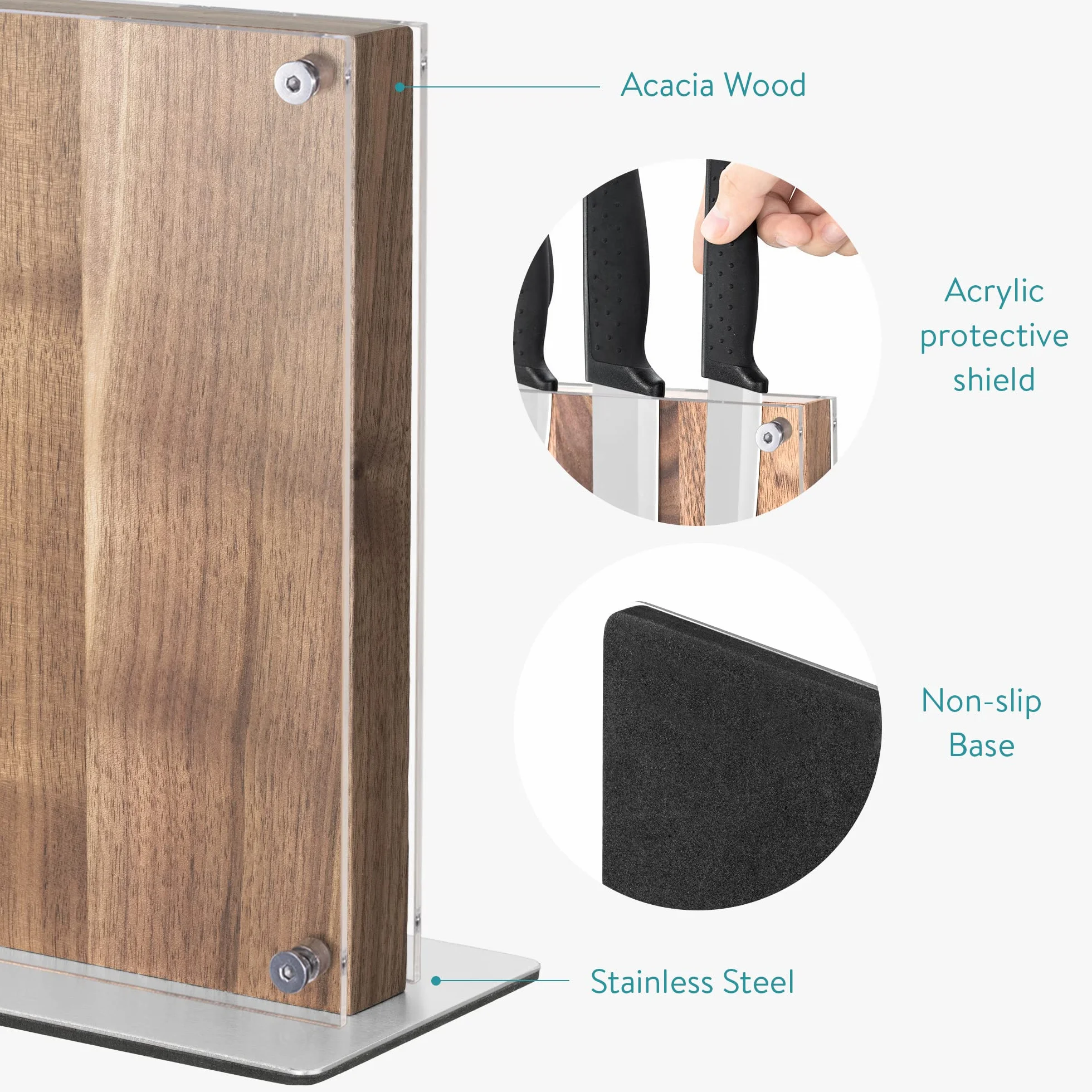 Navaris Bloc à Couteaux Magnétique Double Face en Bois d'Acacia avec Plaque Protection Acrylique