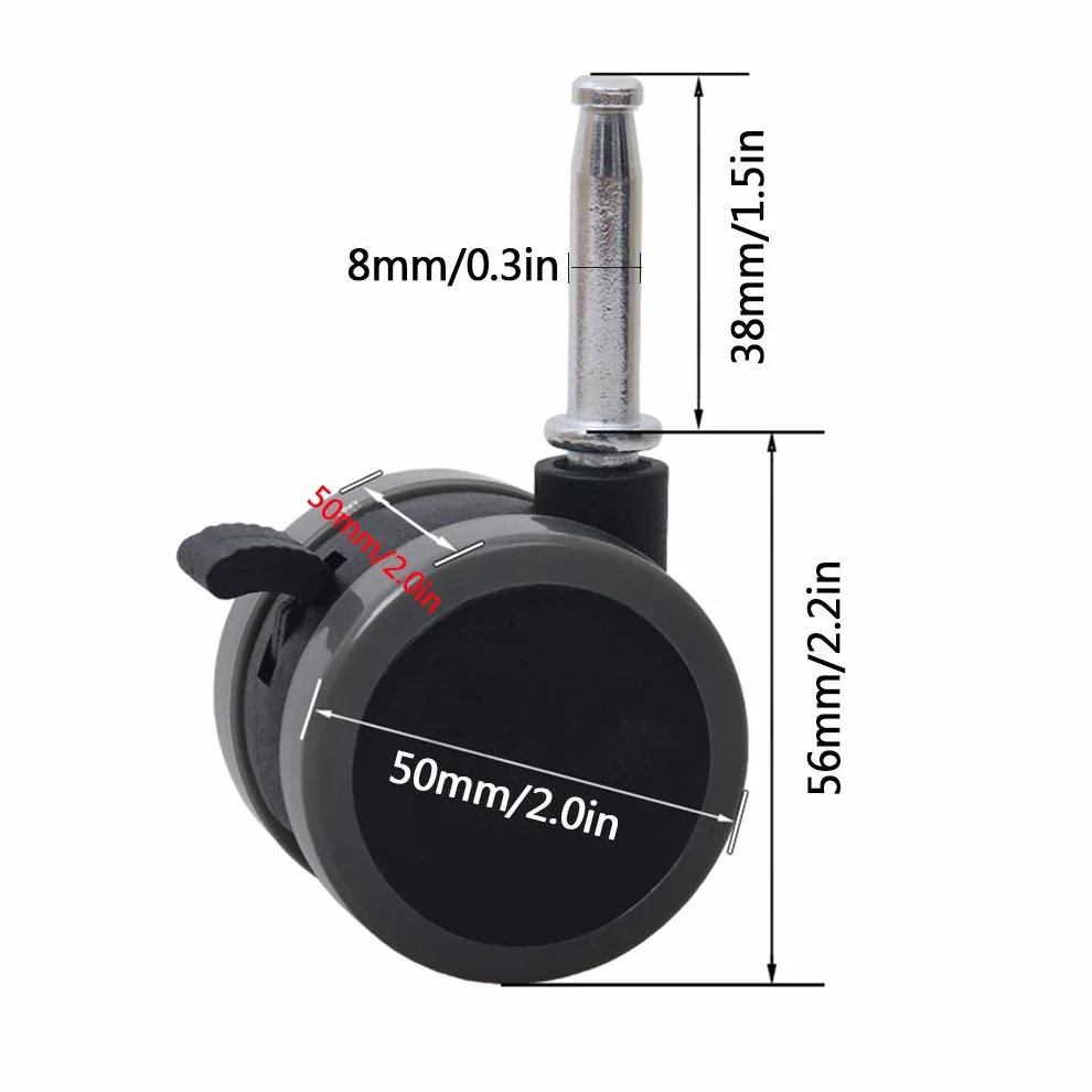Roulettes de Lit d'enfant en Nylon, Roues Pivotantes avec Frein, 2" Double Roue, Charge 120kg, Silencieux, Tige M8x38mm, Noir