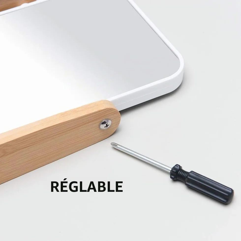Miroir de Maquillage avec Support en Bambou Naturel, Double Face 1X/2X, Rotation 360°, Portable, Blanc