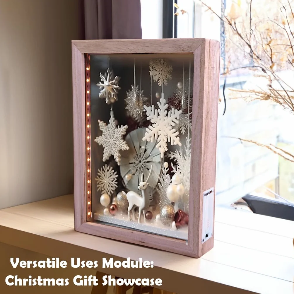Boîte d'Ombre en Bois Naturel Rustique 8"x11" avec Éclairage LED pour Bouchons de Vin et Expositions Créatives