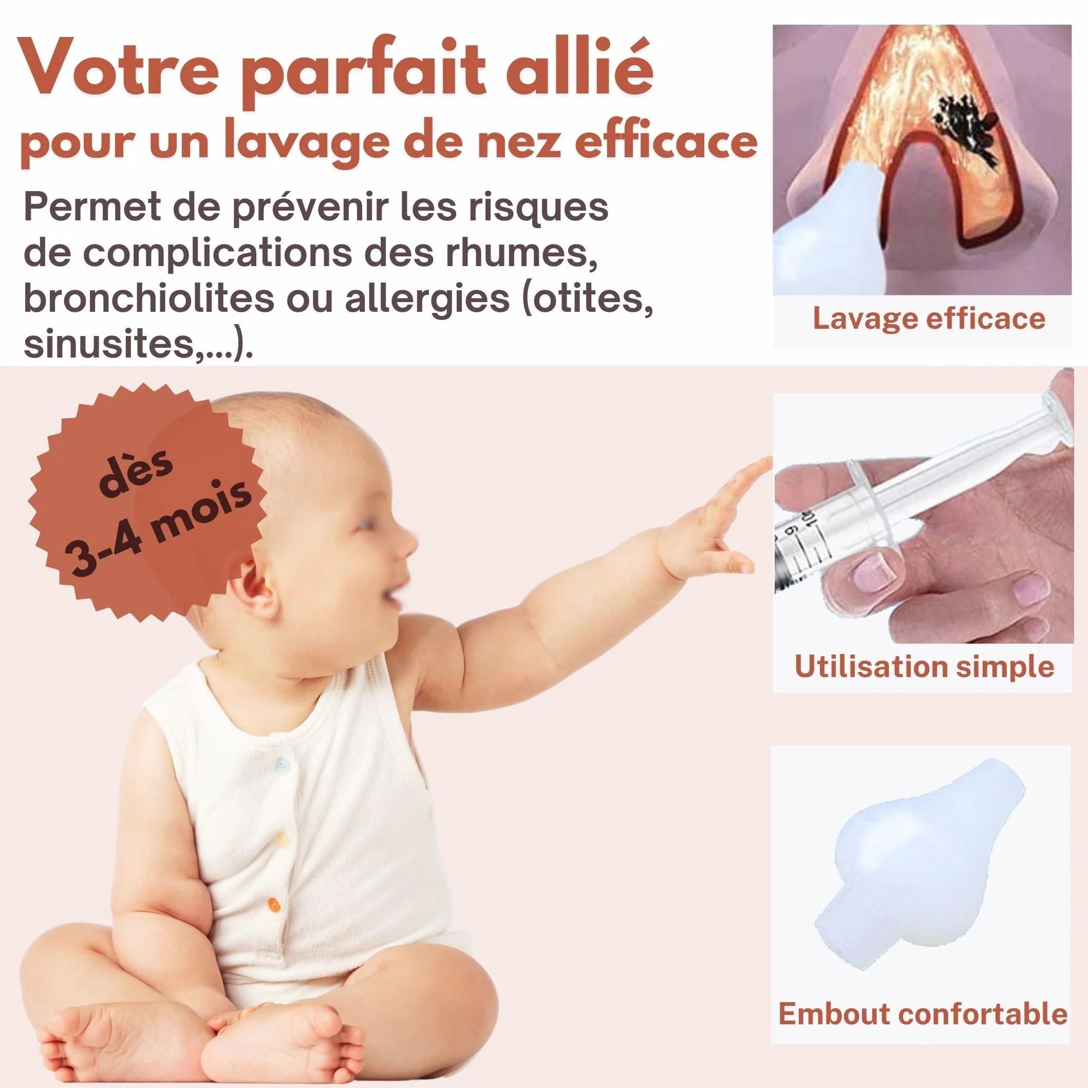ABBICARE™ Mouche bébé seringue nasale 10ml sans BPA Kit 4 seringues embouts silicone