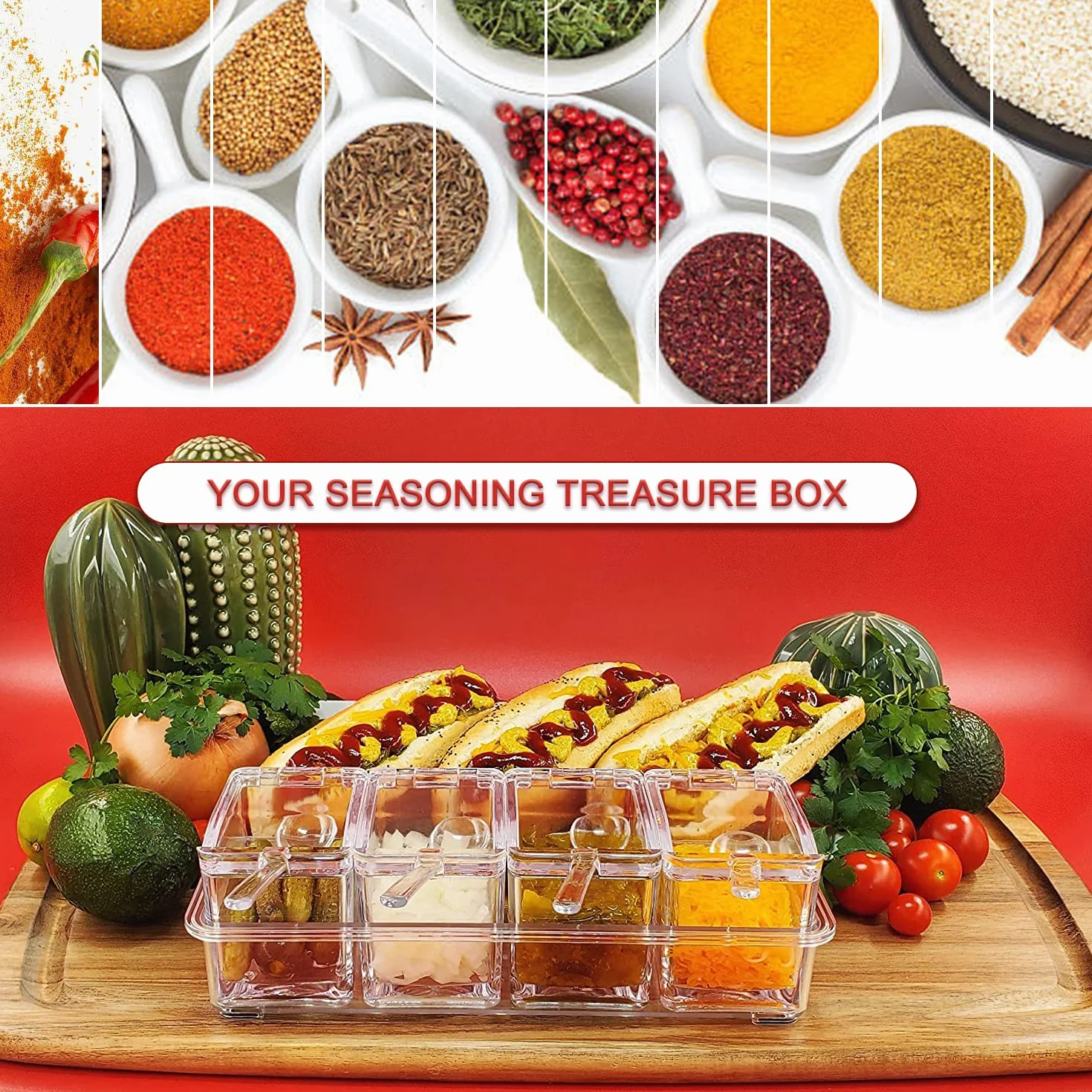 Plastique Boite a Epices Cuisine avec Cuillere 4 en 1 pour Camping Rangement de Condiments