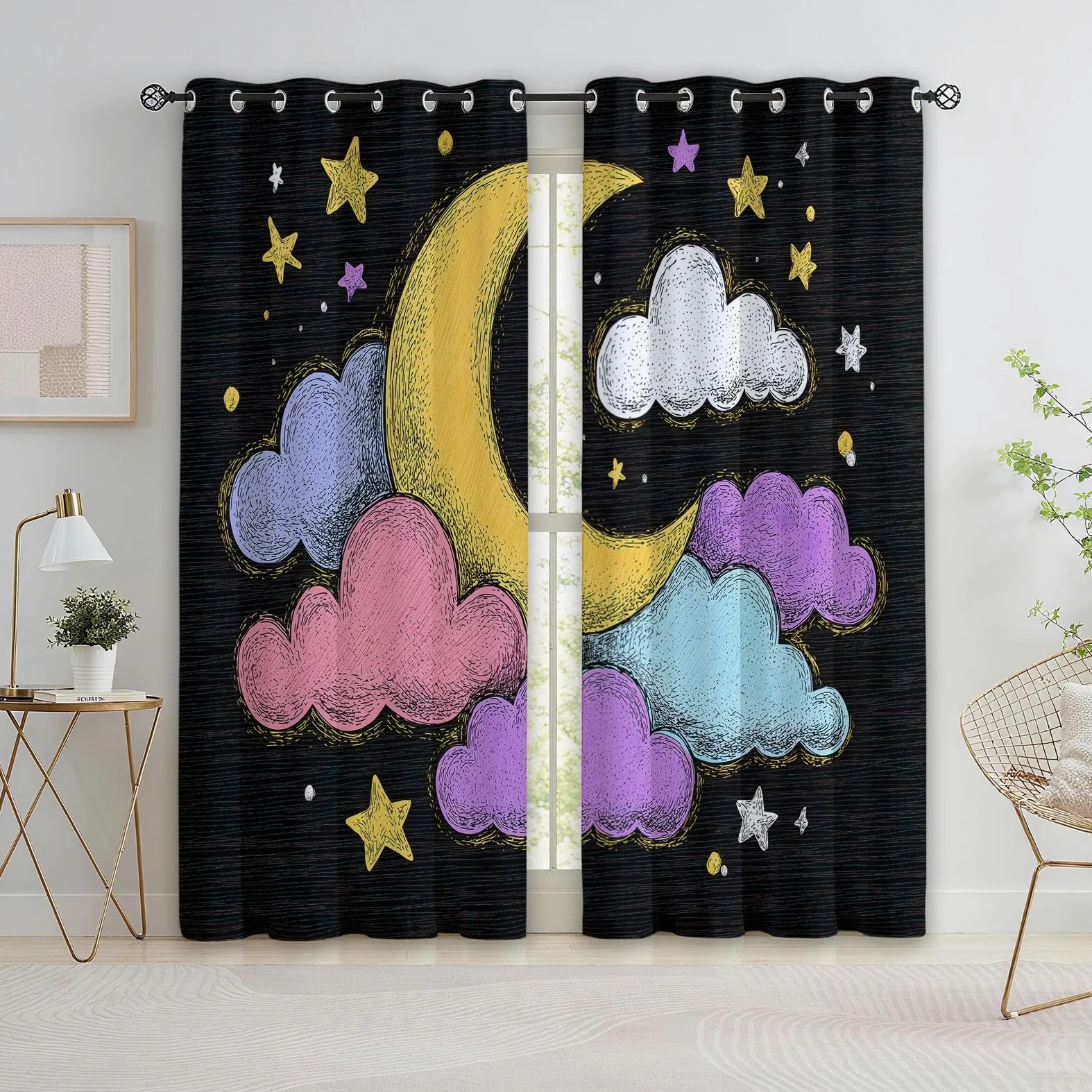 Rideau Occultant Noir, Rideaux Thermique Isolant Doux Anti UV - Draperies Intérieurs Ciel Étoilé Cartoon Nuages Lune pour Salon Chambre Décoration de Fenêtre 110L x 215H cm Lot de 2