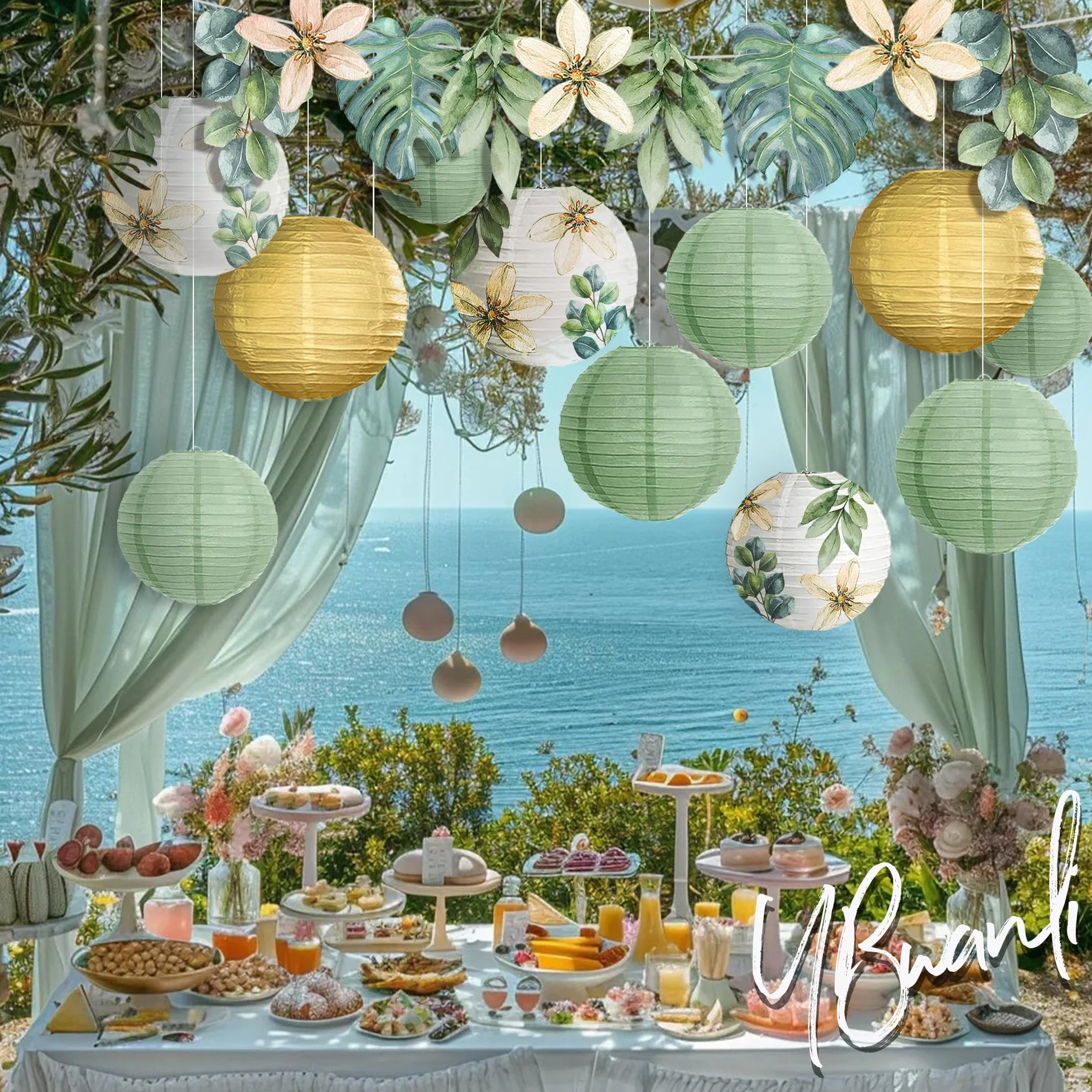 Lot de 13 lanternes en papier pour décoration de jardin, eucalyptus, communion, baby shower