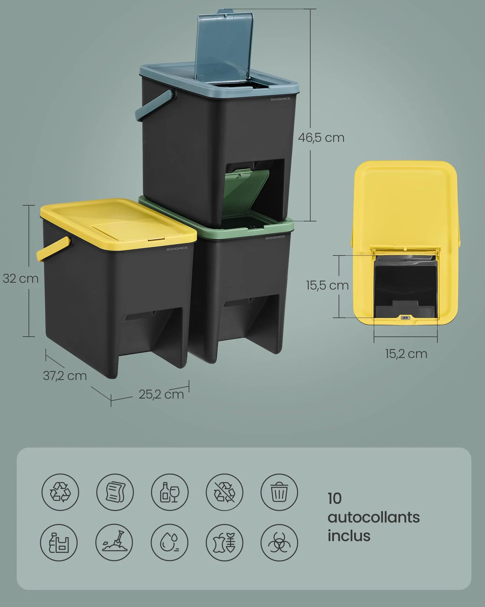 SONGMICS Poubelles de Tri Cuisine Lot de 3 Empilables 20 L Recyclage Jaune Bleu Vert