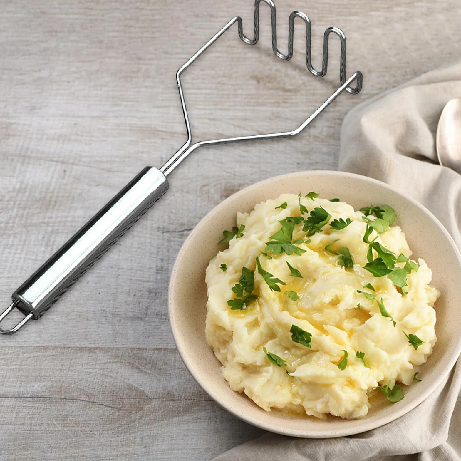 Pilon à pommes de terre en acier inoxydable – Ustensile pour purée de pommes de terre, haricots, avocats, œufs