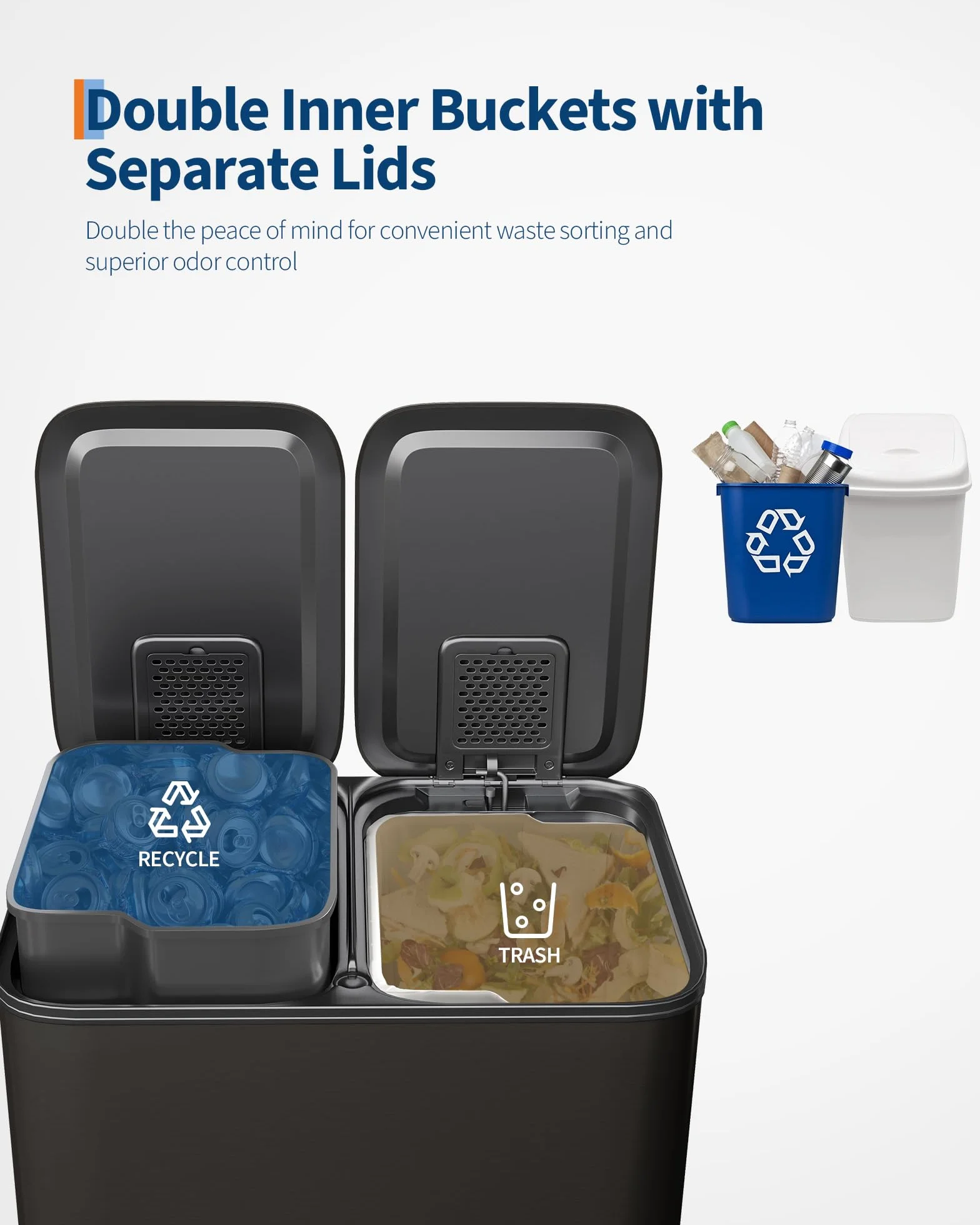 Poubelle cuisine métal 2 compartiments 30 L avec pédales indépendantes couvercle fermeture douce recyclage déchets organiques seaux amovibles Noir mat