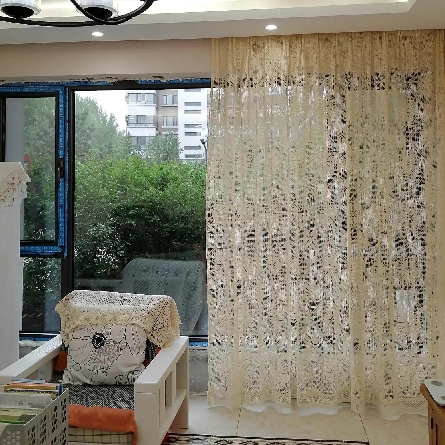 Rideau Transparent en Dentelle Bohème, Rideaux de Fenêtre en Coton Et Lin avec Passe-Tringle, Rideau à Motif Géométrique Rustique Beige avec Pompon pour Salon, Chambre à Coucher, 1 Panneau