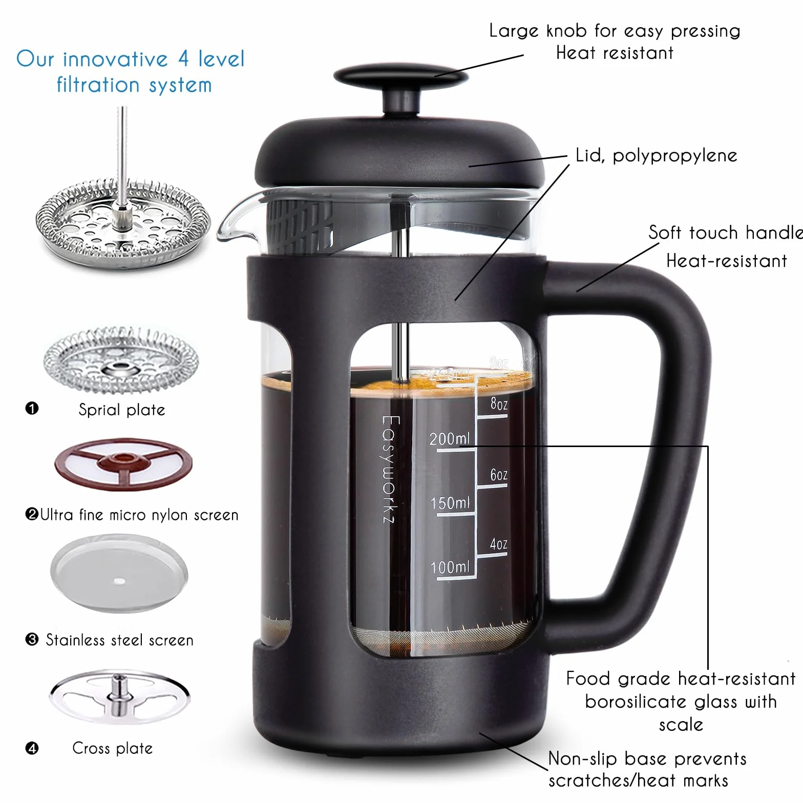 Easyworkz Cafetière à piston verre borosilicate 350ml Noir